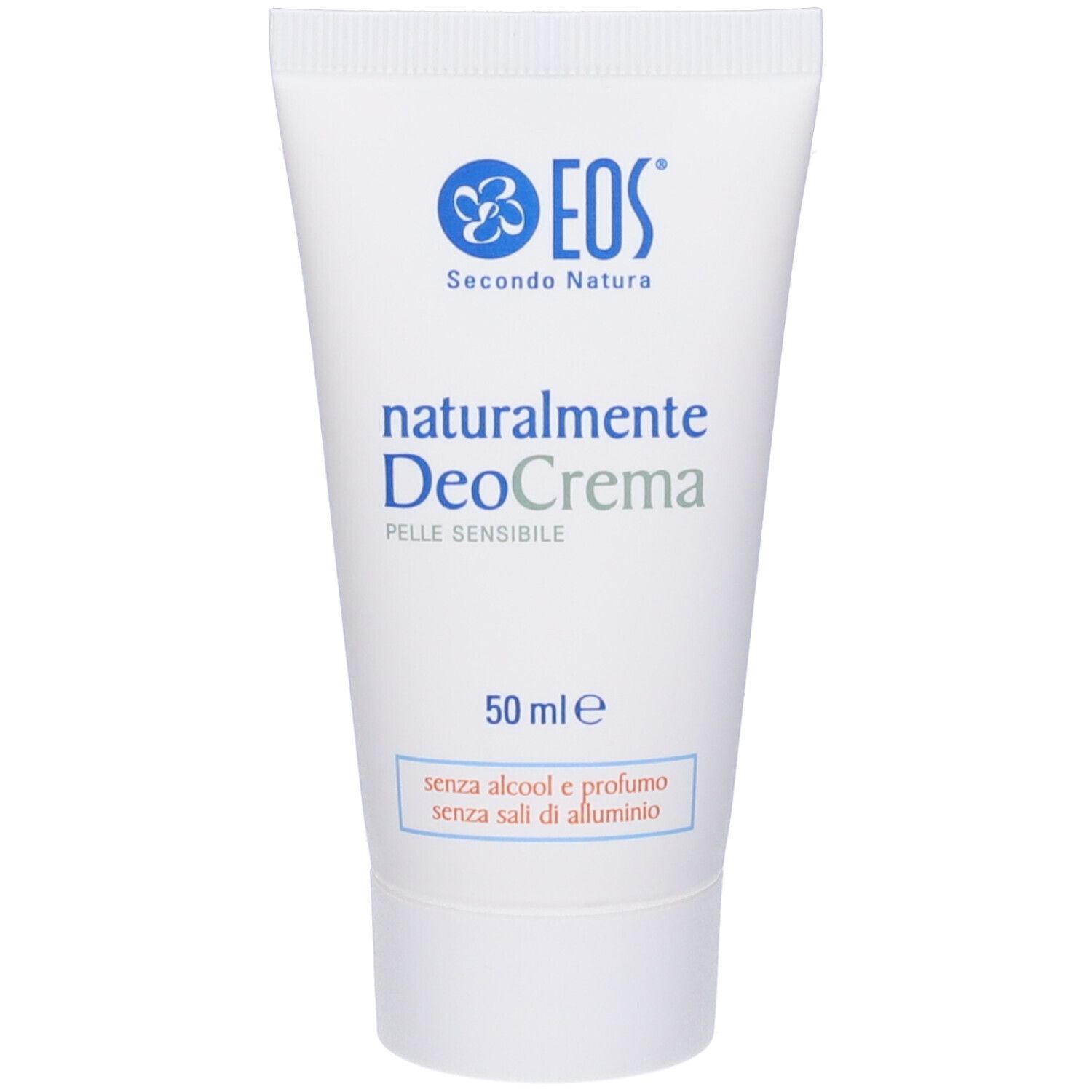 Tubo bianco con stampa del prodotto. Scritta: EOS, naturalmente DeoCrema, 50 ml. Senza alcool e profumo, senza sali di alluminio.