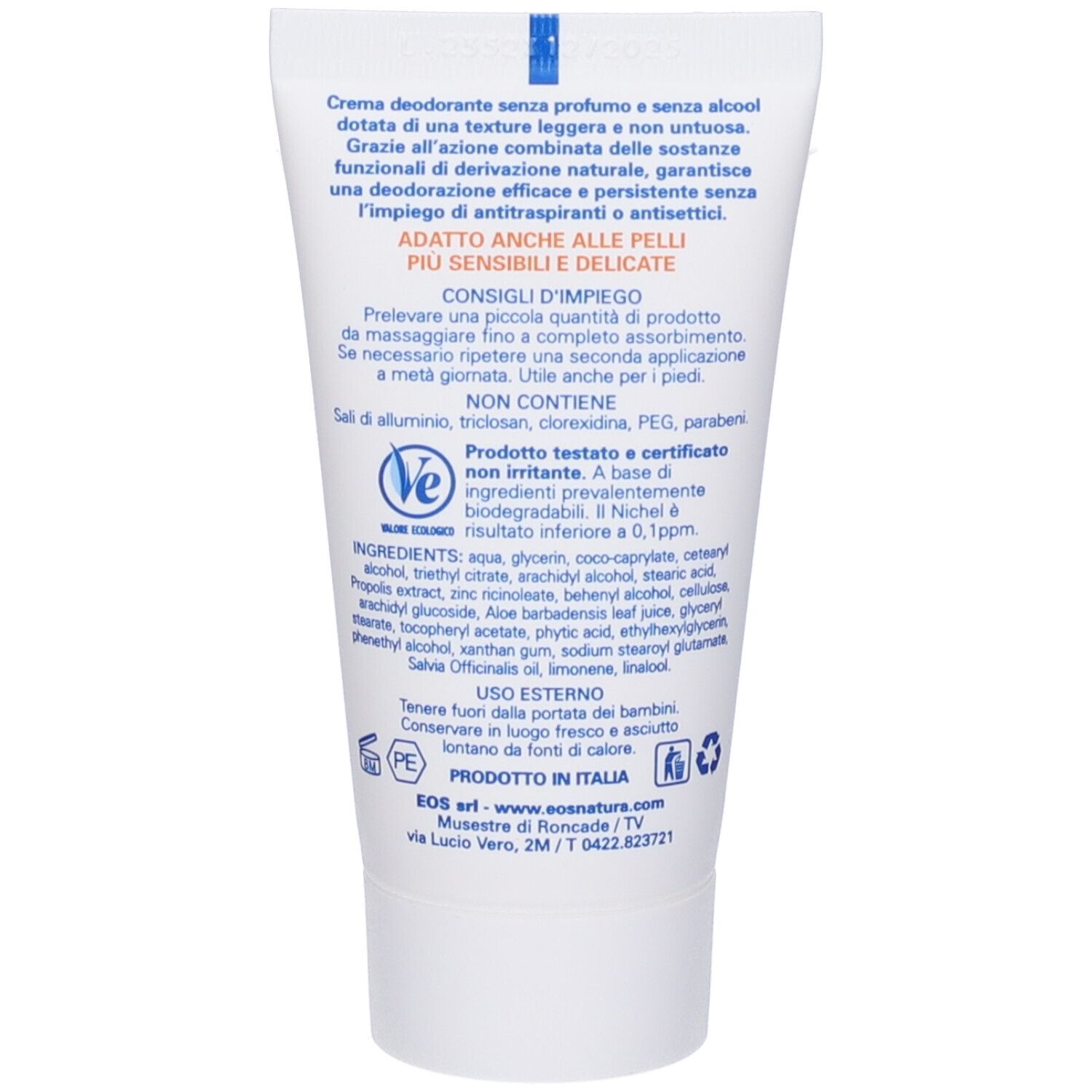 Retro del tubo. Testo: Crema senza profumo e alcool, per pelli sensibili. Ingredienti, istruzioni per l'uso, informazioni del produttore.