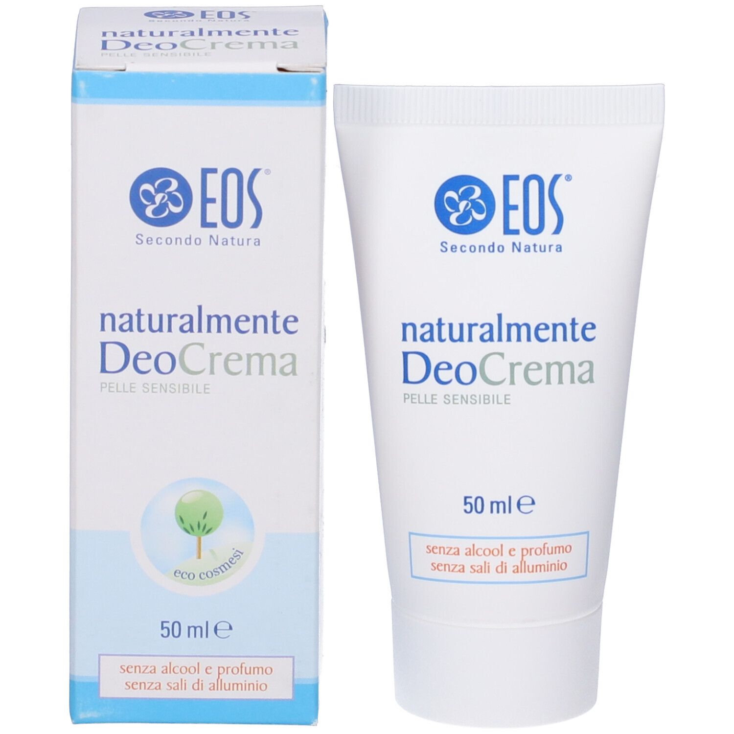 Tubo e scatola bianchi con stampa del prodotto. Scritta: EOS, naturalmente DeoCrema, 50 ml. Senza alcool e profumo.