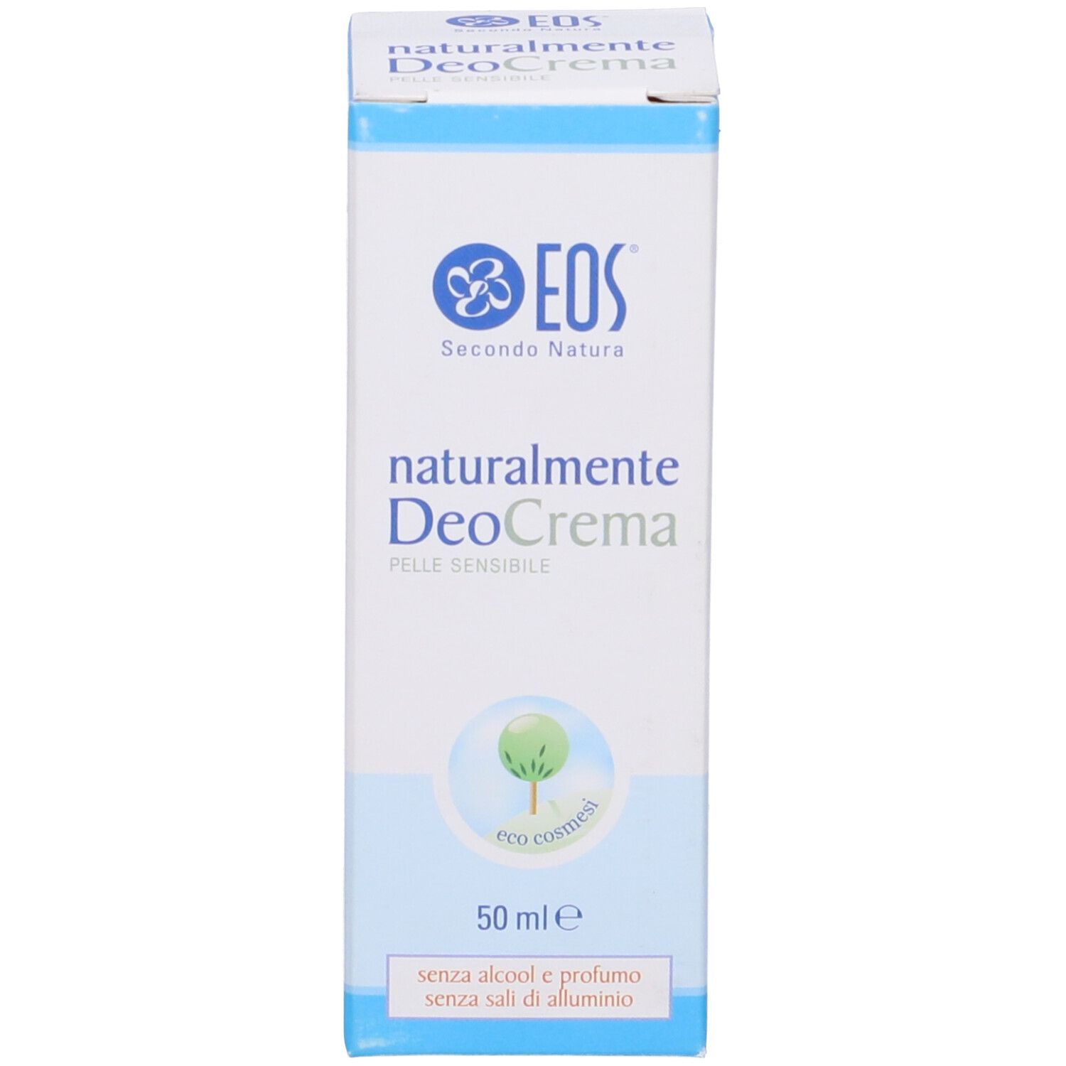 Scatola con stampa del prodotto. Scritta: EOS, naturalmente DeoCrema, 50 ml. Senza alcool e profumo, per pelli sensibili.