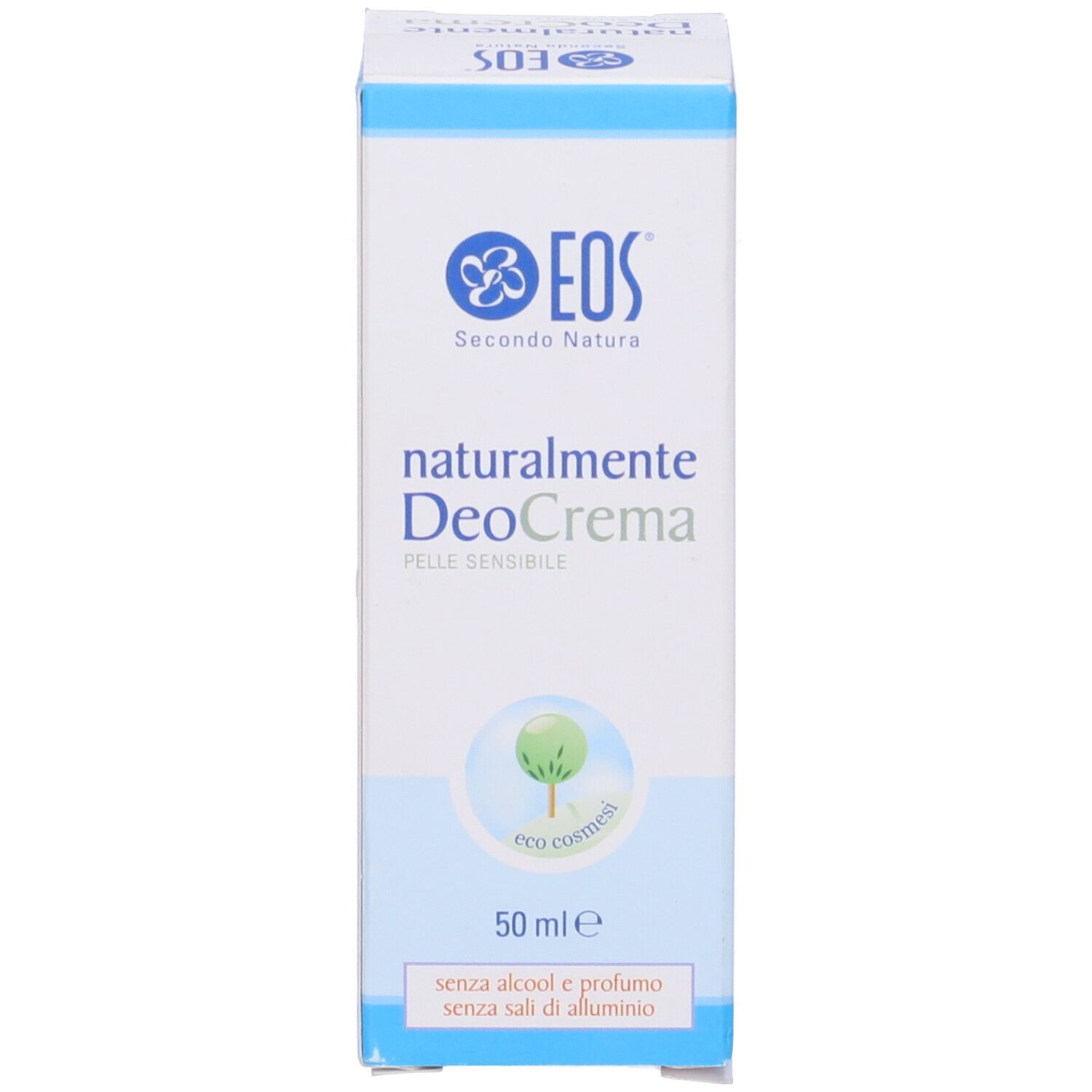 Scatola con stampa del prodotto. Scritta: EOS, naturalmente DeoCrema, 50 ml. Senza alcool e profumo, per pelli sensibili.