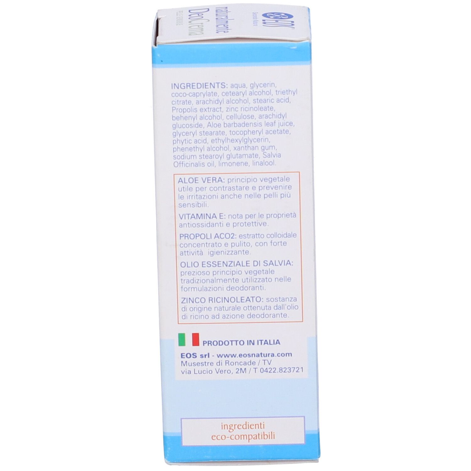 Retro della scatola. Ingredienti, informazioni su aloe vera, vitamina E, olio di salvia e zinco ricinoleato. Informazioni del produttore.