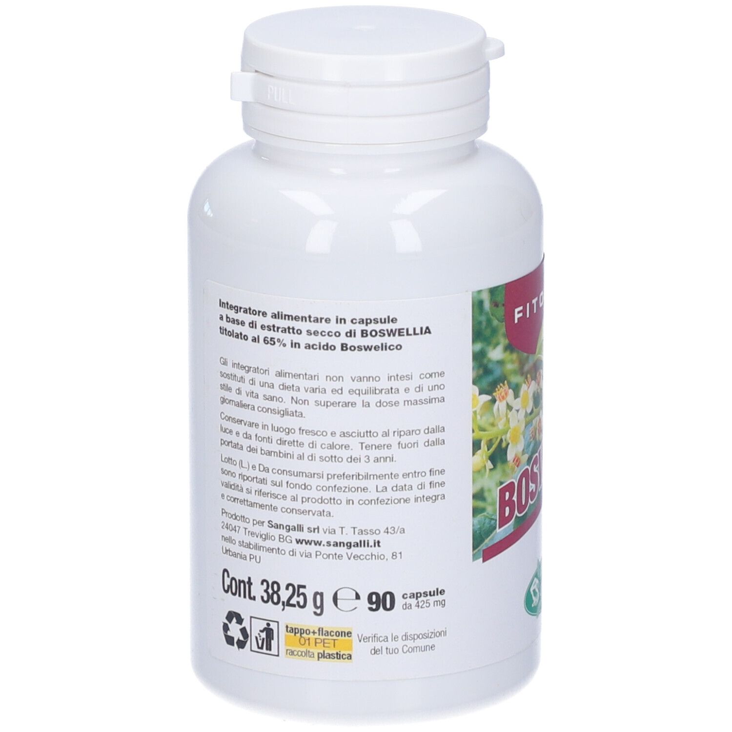 Retro del flacone bianco con capsule. Testo: Integratore alimentare. 90 capsule. Sangalli.