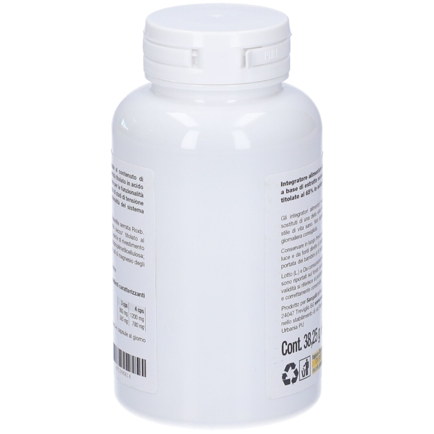 Flacone bianco con capsule. Retro con testo. 90 capsule. Peso: 38,25 g.