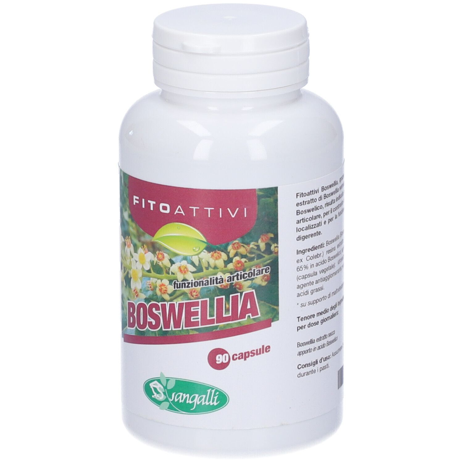 Flacone bianco con capsule. Scritta: Fitoattivi Boswellia, 90 capsule. Logo Sangalli.