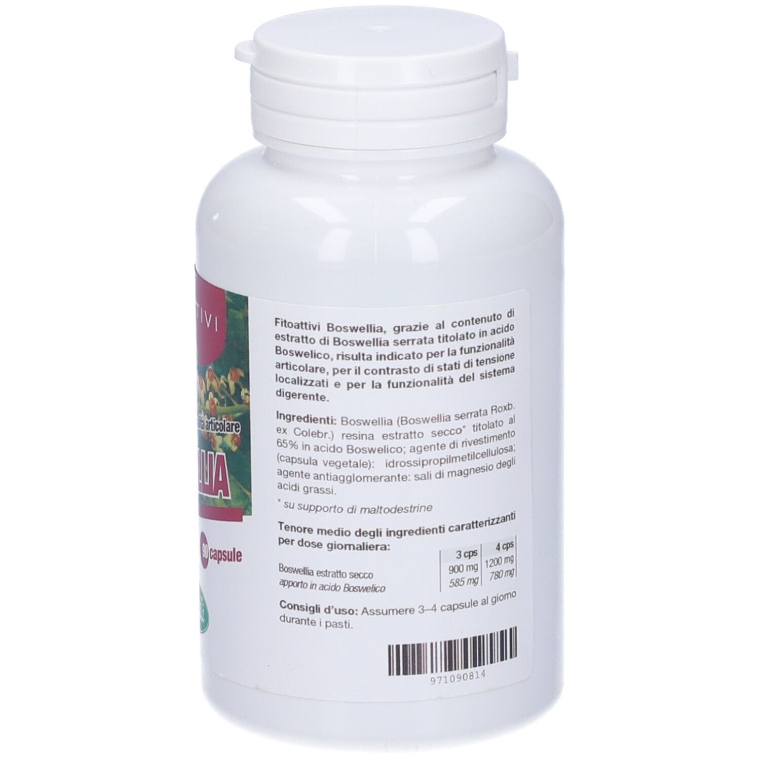 Retro del flacone bianco con capsule. Testo: Fitoattivi Boswellia. Consigli d'uso.