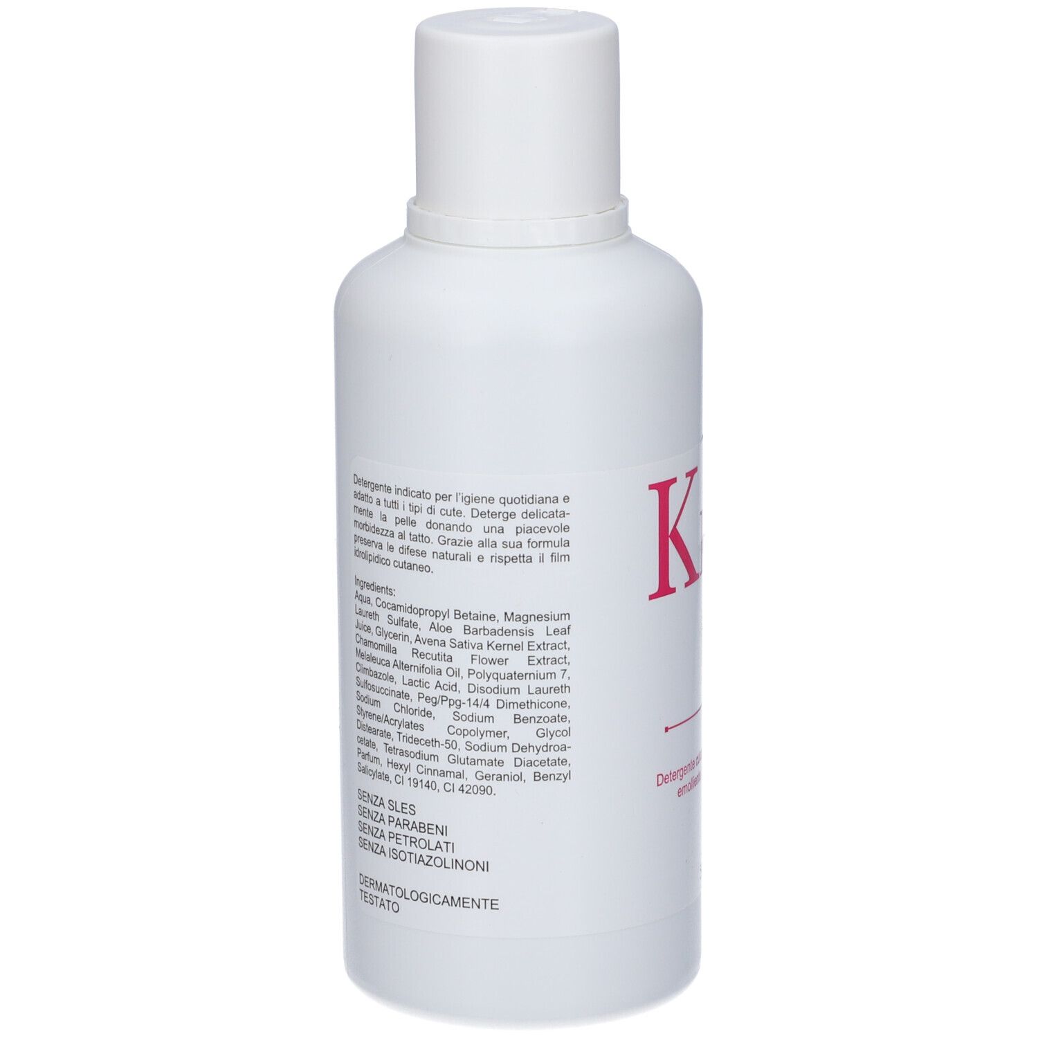 Retro di un flacone bianco con ingredienti e informazioni. K pelle, 500 ml. Dermatologicamente testato.