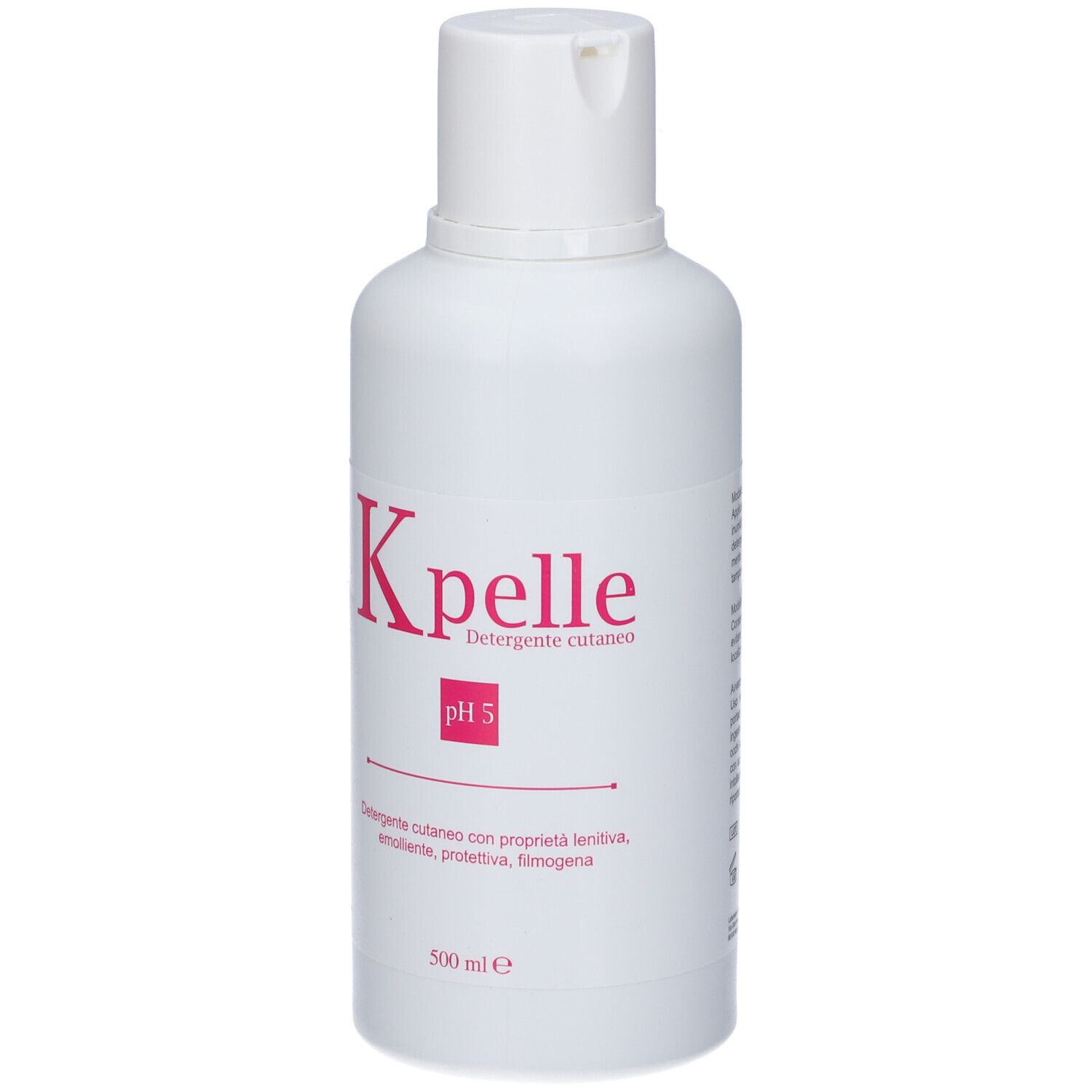 Flacone bianco con scritta rosa K pelle, pH 5. Contiene 500 ml. Detergente cutaneo con proprietà lenitive.