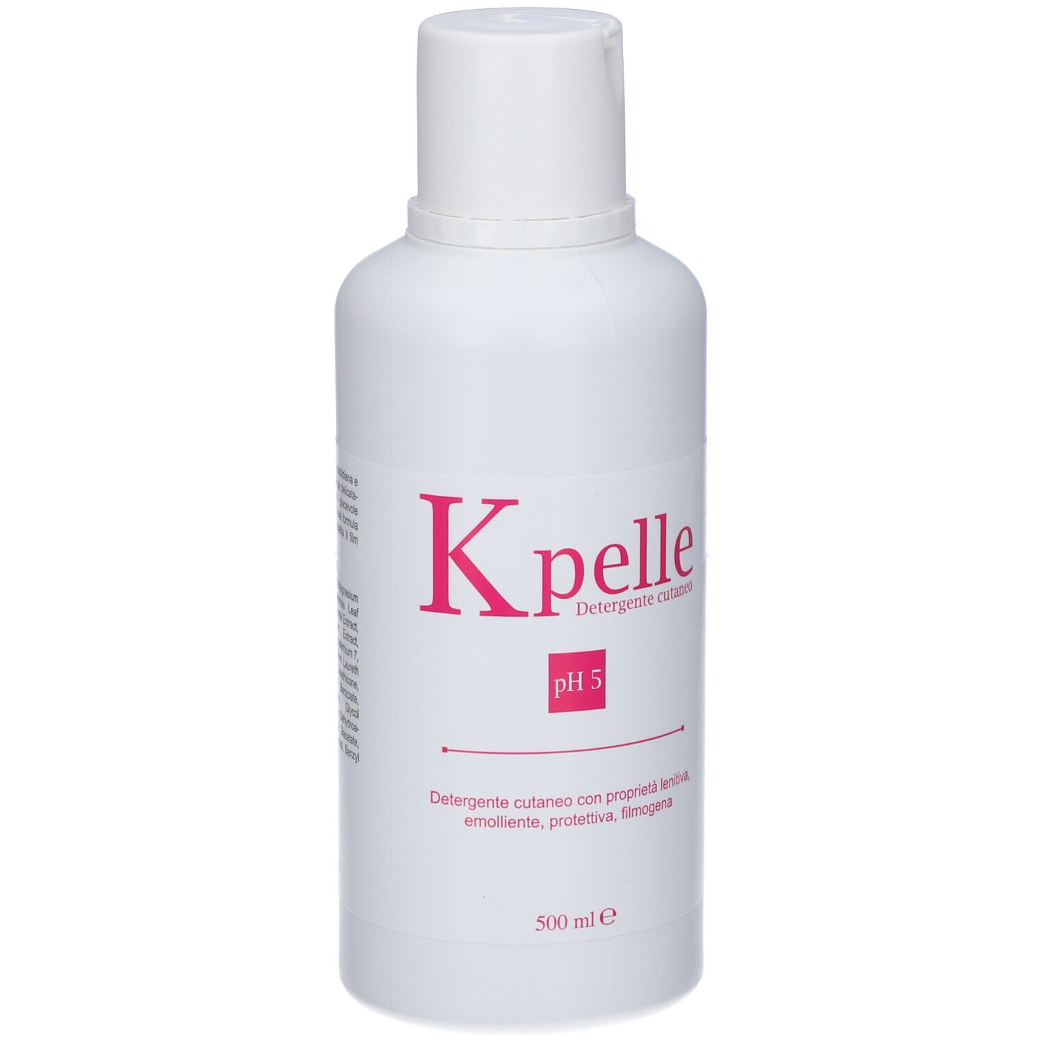 Flacone bianco con scritta rosa K pelle, pH 5. Contiene 500 ml. Detergente cutaneo con proprietà lenitive.