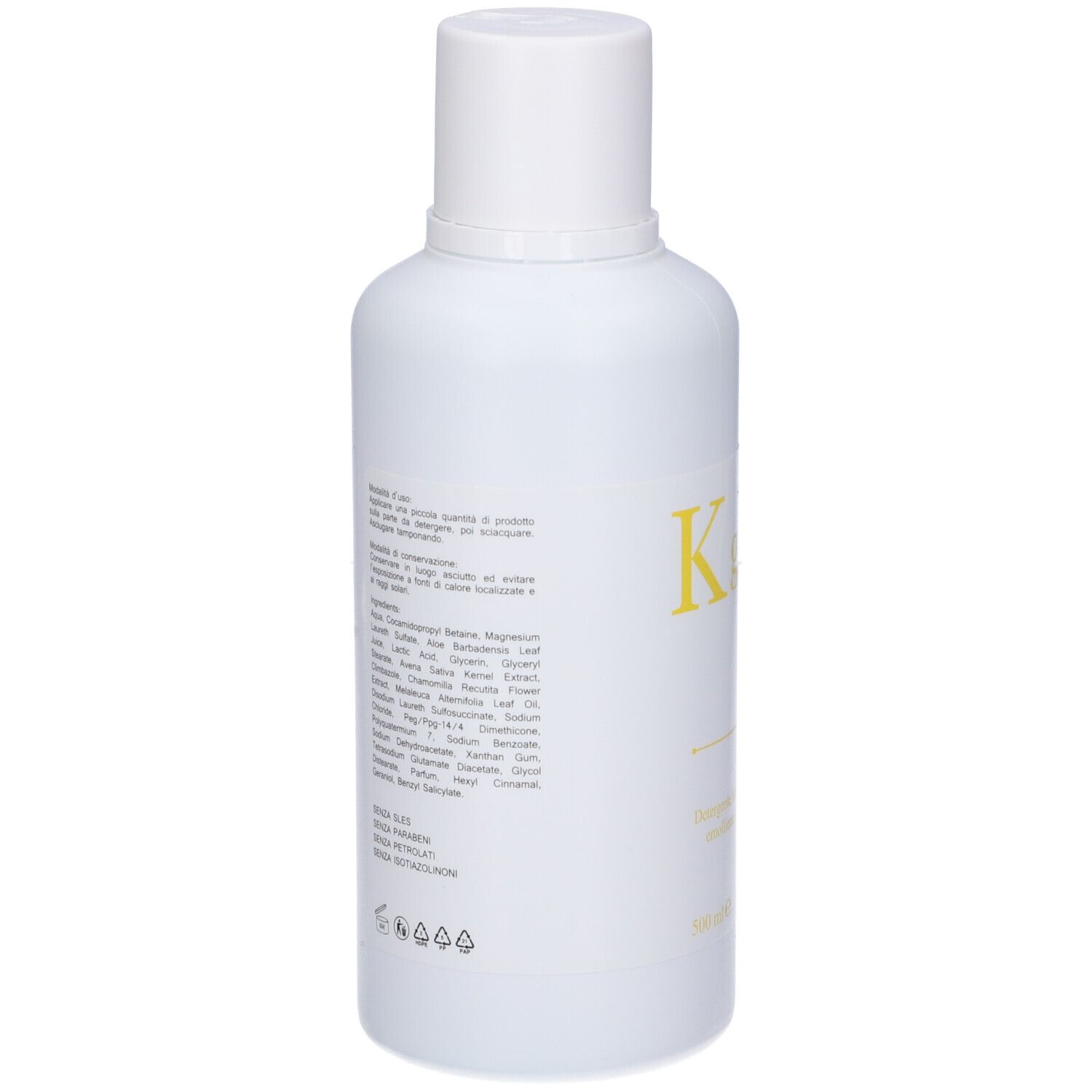 Retro di un flacone bianco con testo. Scritta in italiano. Contiene ingredienti e informazioni sul produttore.