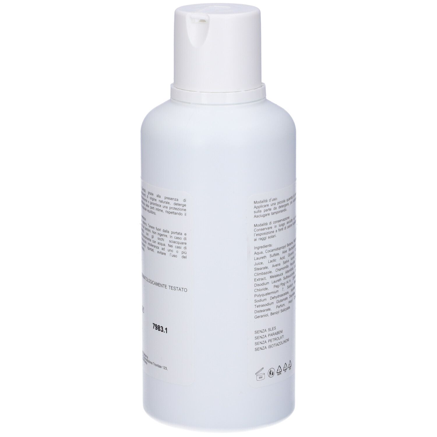 Retro di un flacone bianco con testo. Scritta in italiano. Contiene ingredienti e informazioni sul produttore.