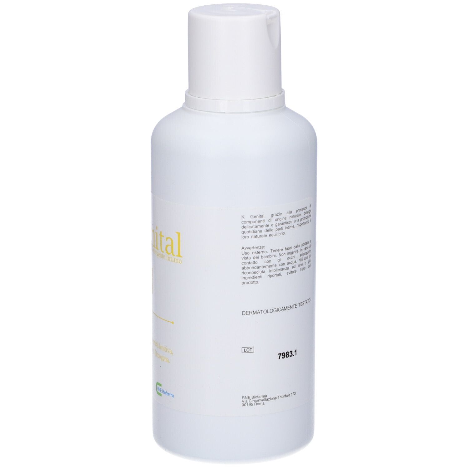 Retro di un flacone bianco con testo. Scritta in italiano. Contiene ingredienti e informazioni sul produttore.