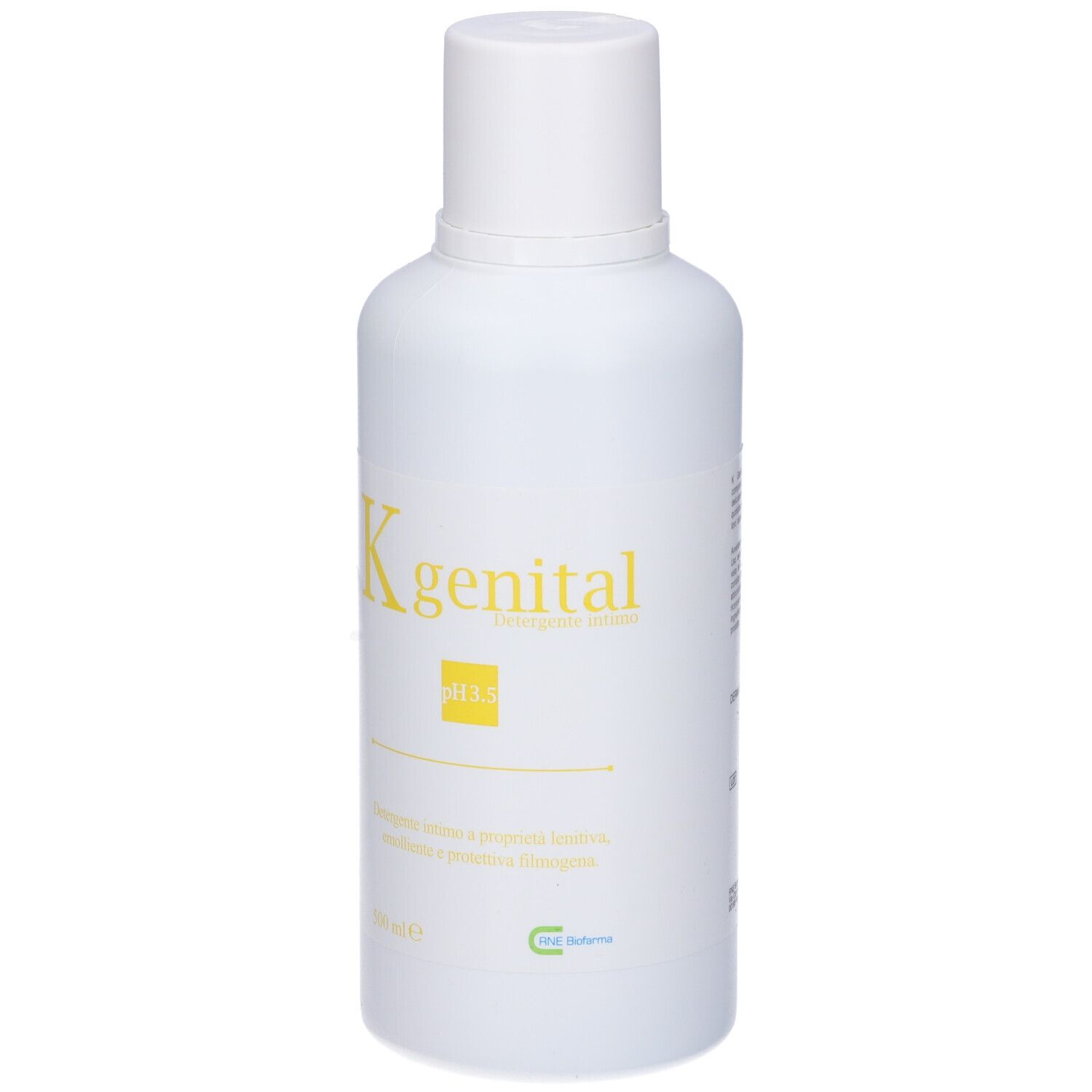 Flacone bianco con stampa gialla. Testo: K genital, pH 3.5. Scritta in italiano. Con tappo bianco.