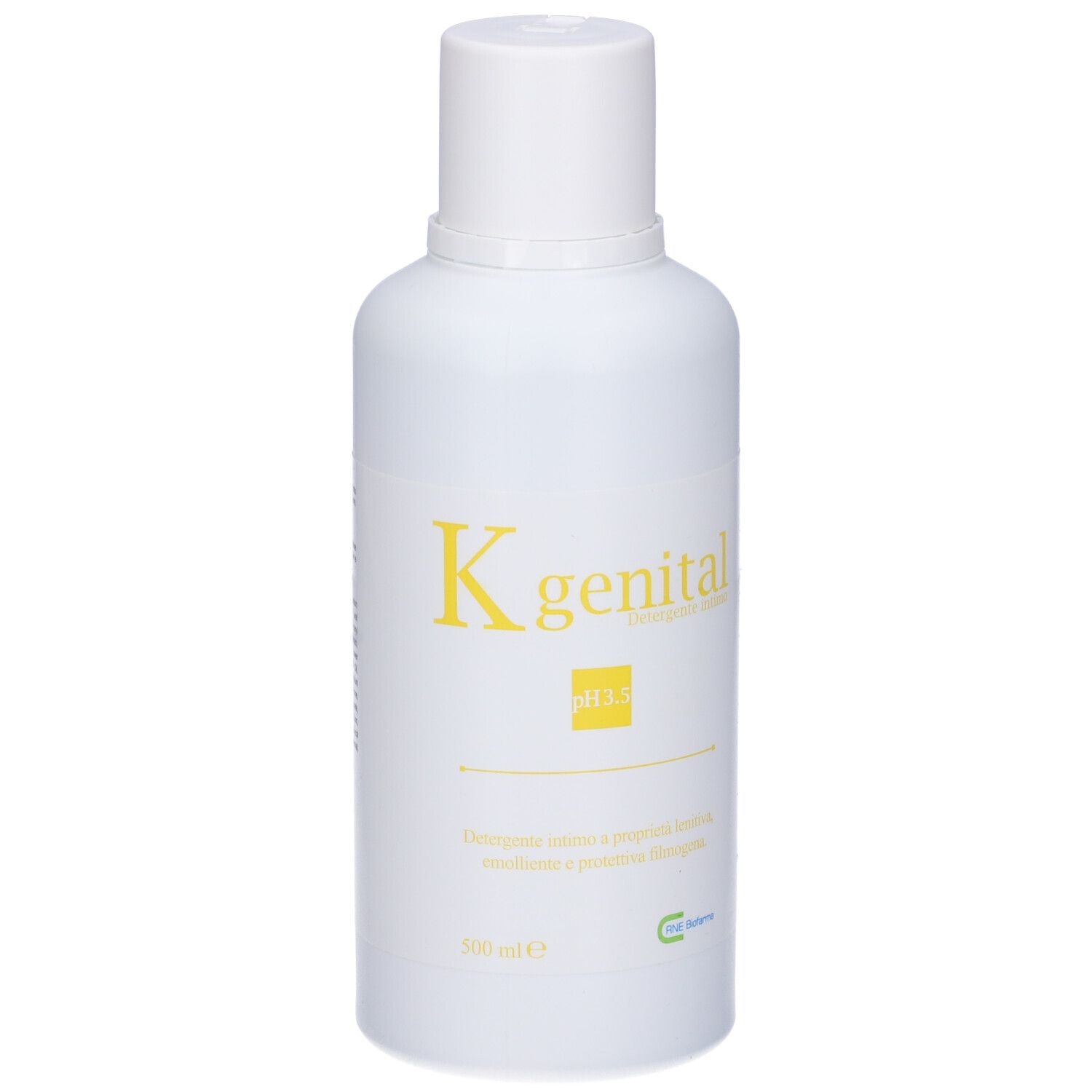 Flacone bianco con stampa gialla. Testo: K genital, pH 3.5. Scritta in italiano. Con tappo bianco.