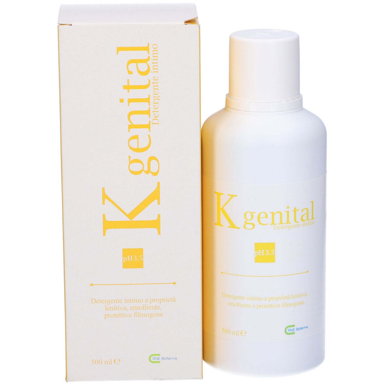 Confezione e flacone del prodotto. Flacone bianco con stampa gialla. Testo: K genital, pH 3.5. Scritta in italiano.