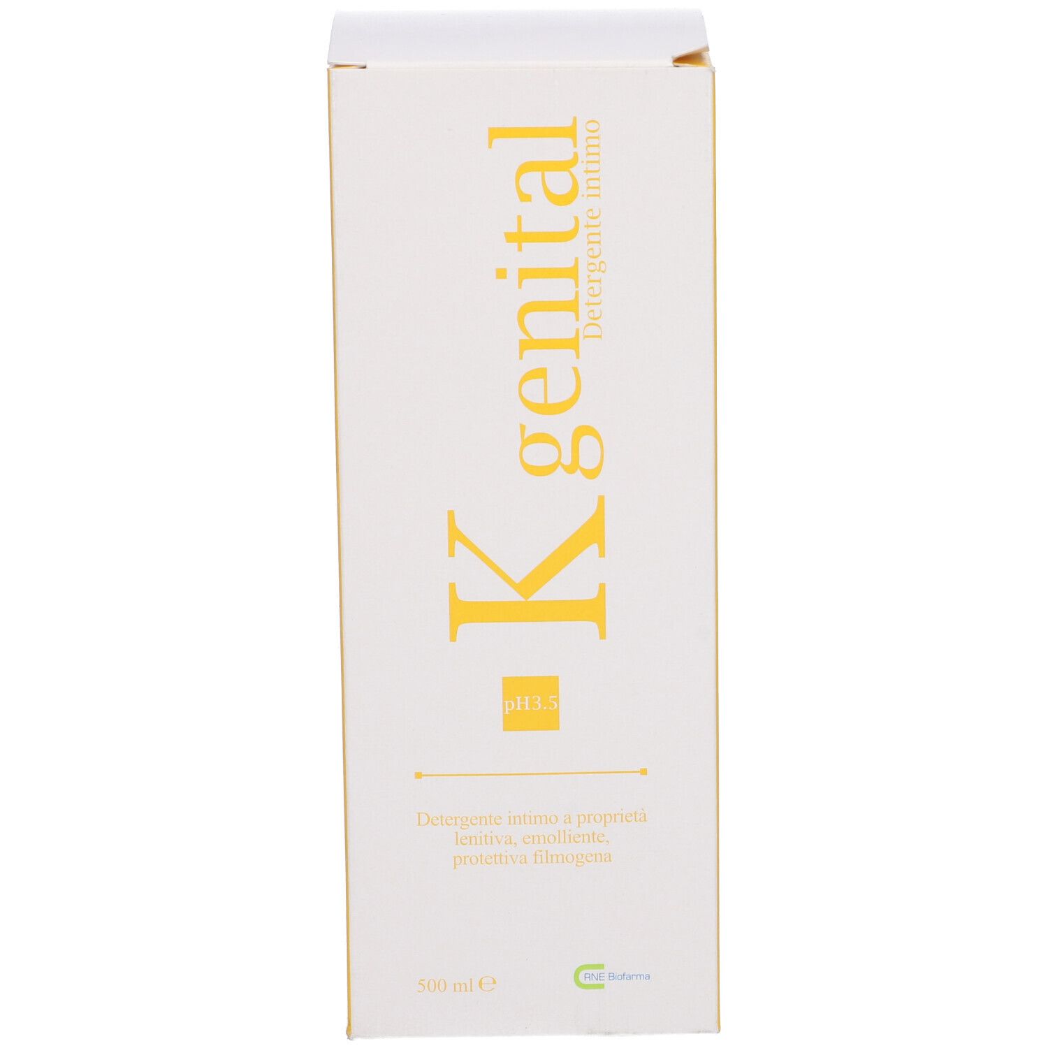 Confezione del prodotto. Confezione bianca con stampa gialla. Testo: K genital, pH 3.5. Scritta in italiano.