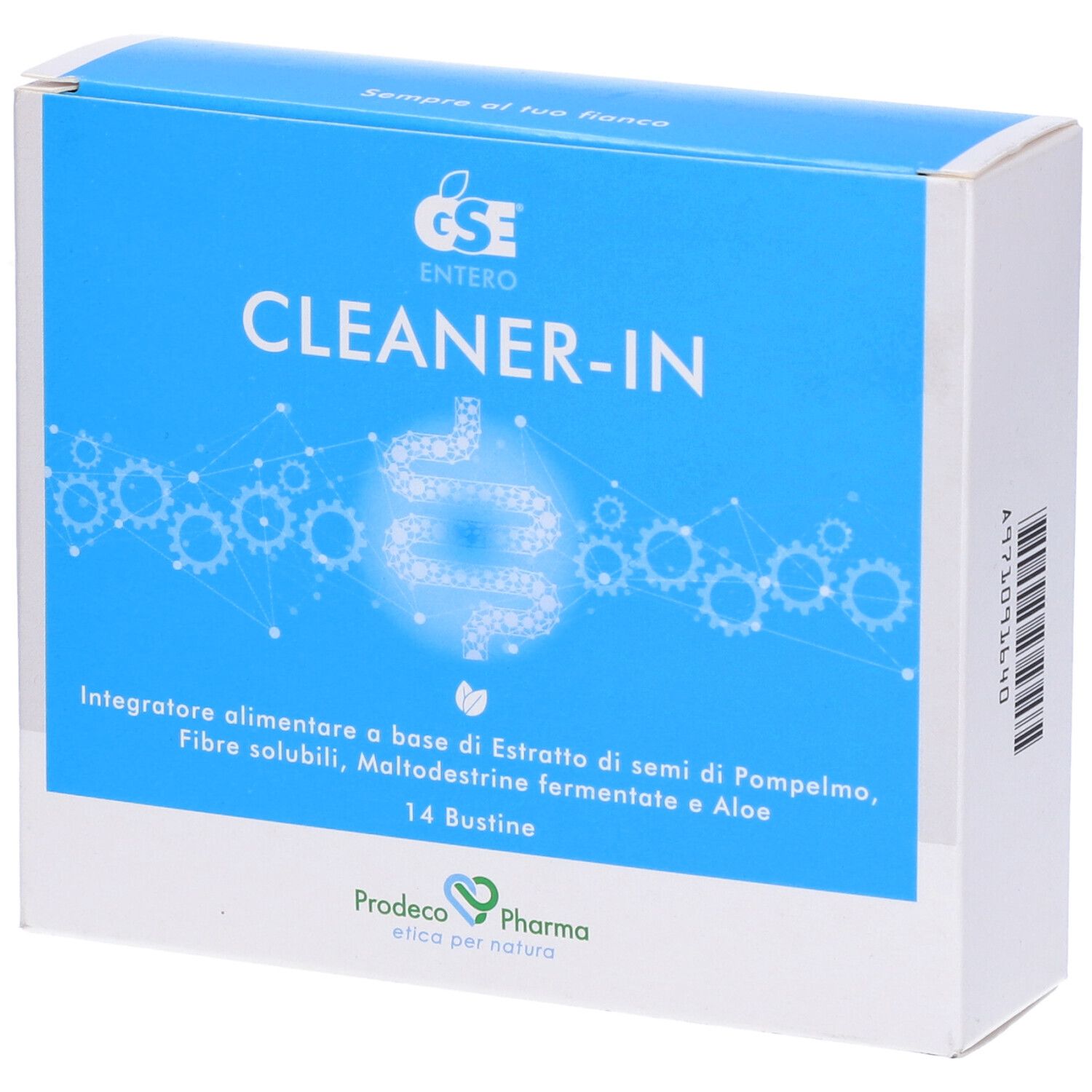 Scatola blu e bianca con scritta "CLEANER-IN". Contiene 14 bustine. Marchio GSE Entero. Descrizione del prodotto in italiano.