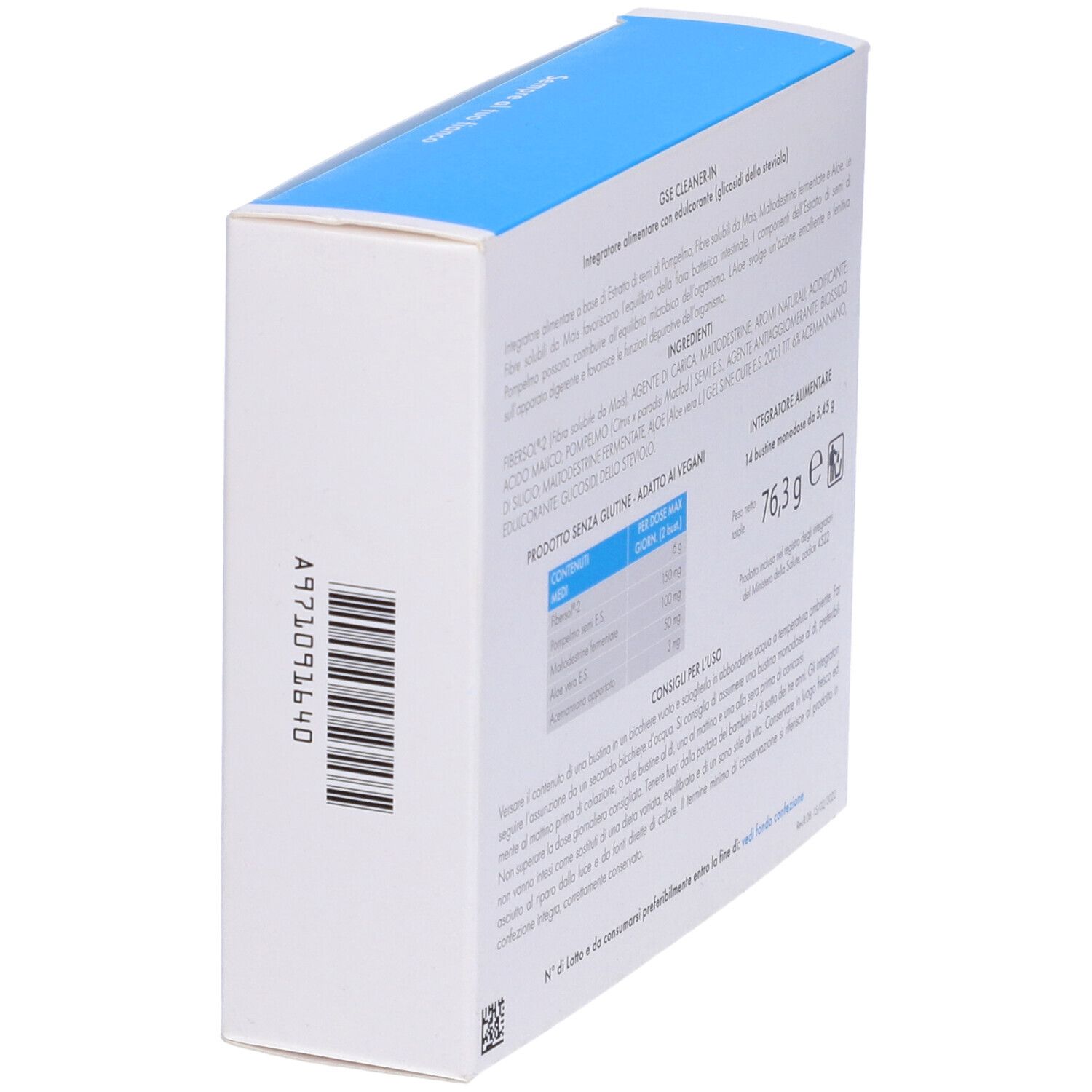 Vista laterale della scatola con informazioni sul prodotto. Contiene ingredienti e informazioni nutrizionali. Marchio GSE Entero.