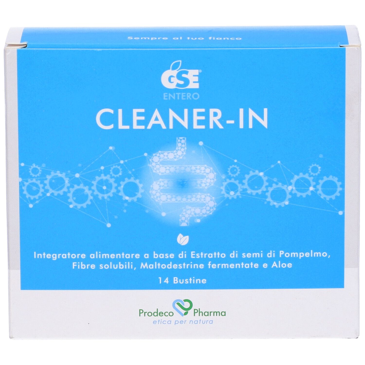 Scatola blu e bianca con scritta "CLEANER-IN". Contiene 14 bustine. Marchio GSE Entero. Descrizione del prodotto in italiano.