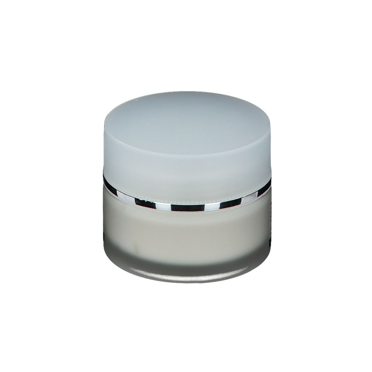 Piccolo vaso di crema con coperchio bianco e anello argentato. Contenitore in vetro con sostanza cremosa.