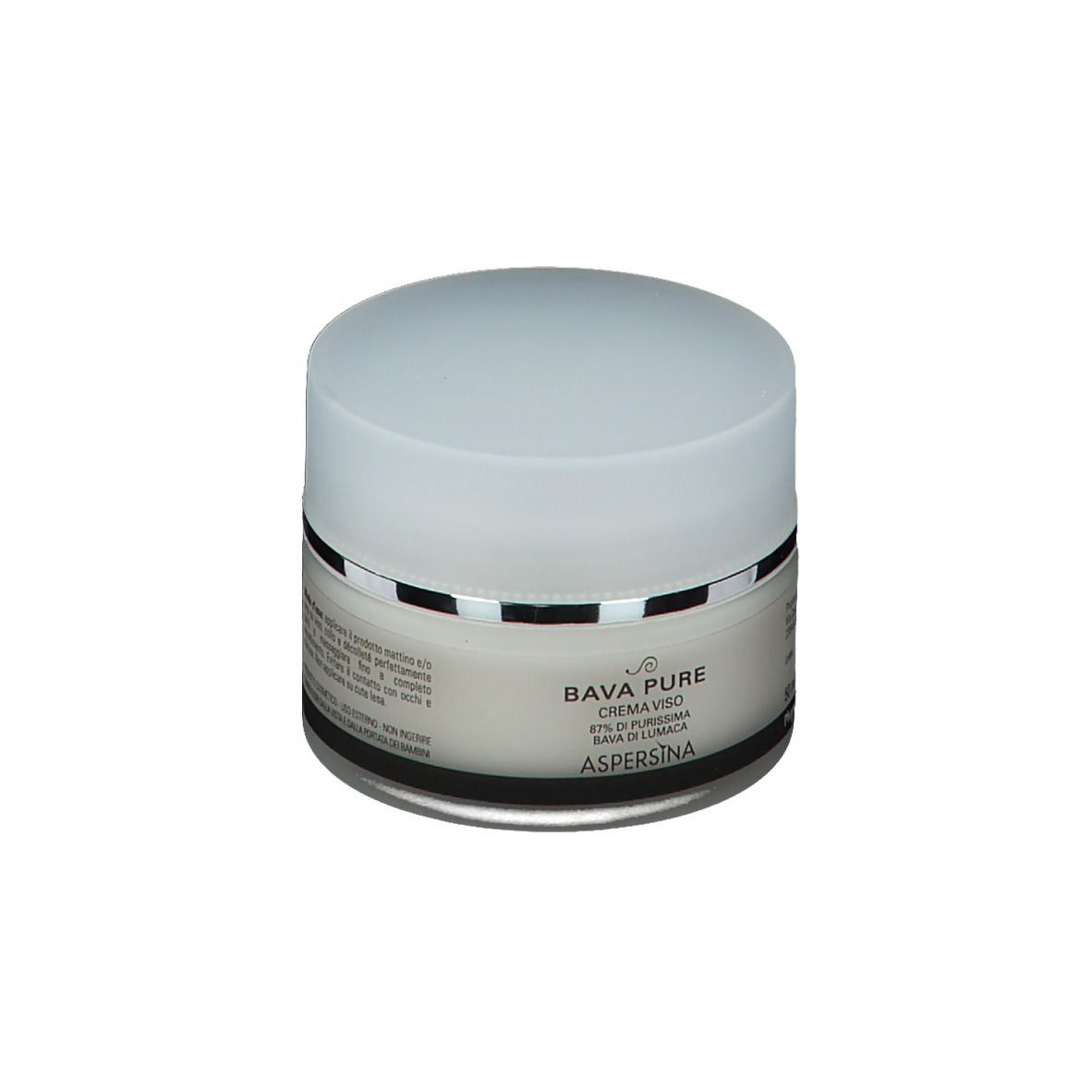 Vaso di crema con coperchio bianco e anello argentato. Scritta: Bava Pure Crema Viso, Aspersina.