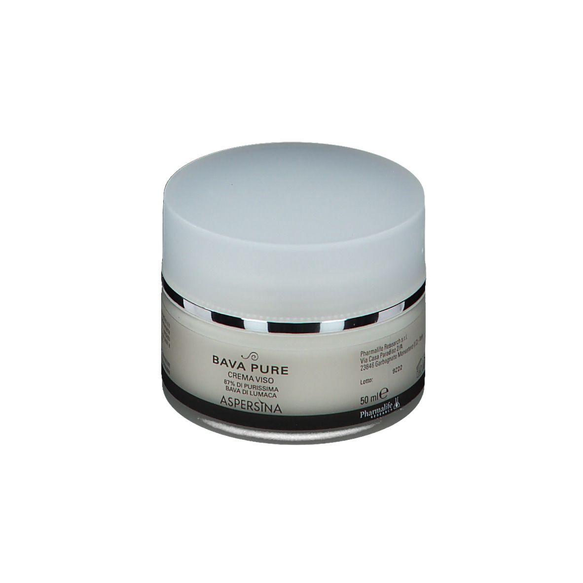 Vaso di crema con coperchio bianco e anello argentato. Scritta: Bava Pure Crema Viso, Aspersina, 50 ml.