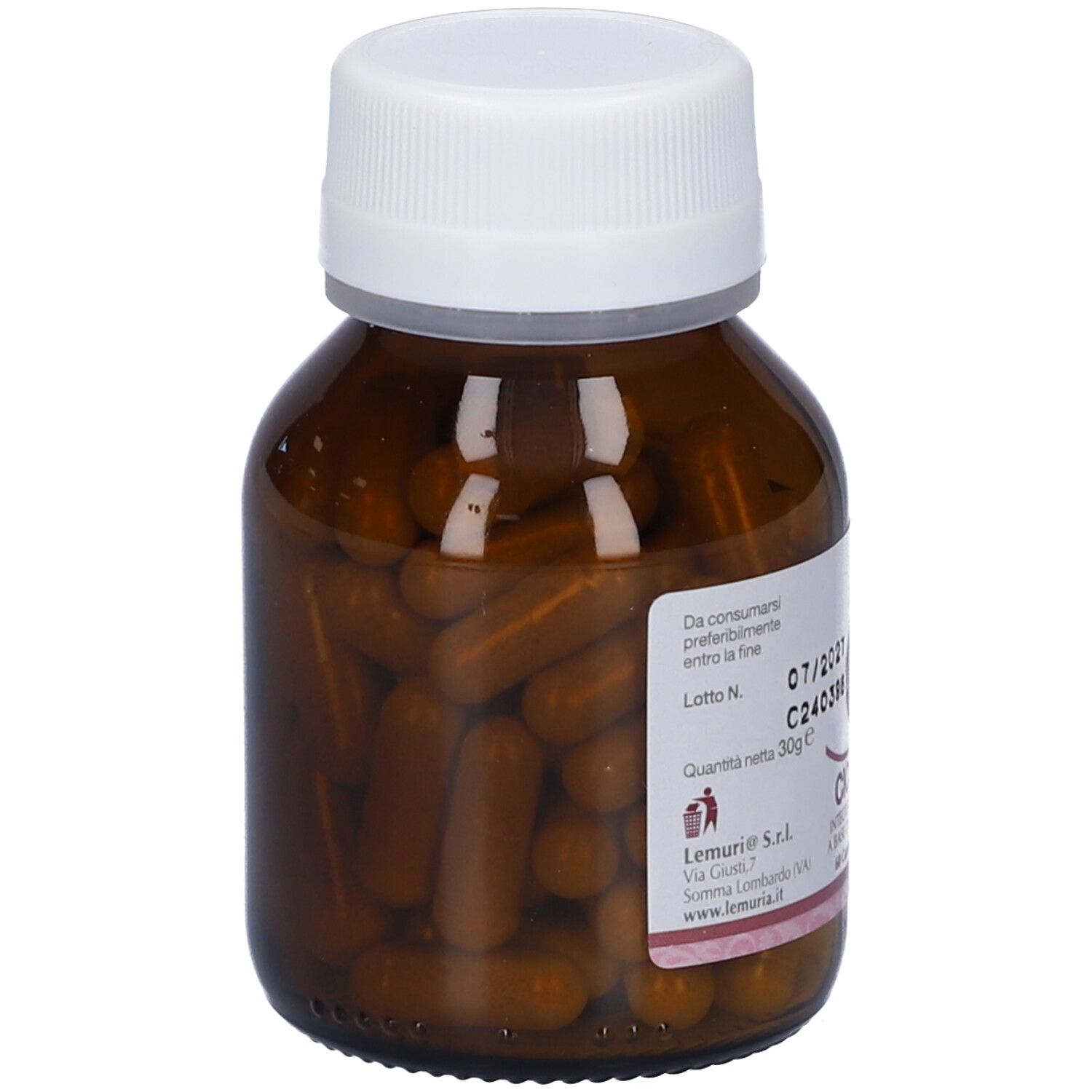 Flacone di vetro marrone con tappo bianco. Capsule visibili all'interno. Etichetta con informazioni e data di scadenza.