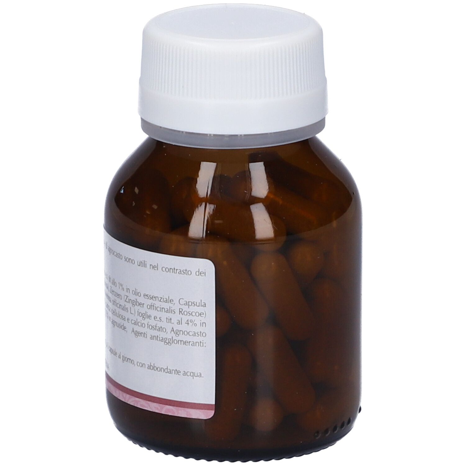 Flacone di vetro marrone con tappo bianco. Capsule visibili all'interno. Etichetta con informazioni e ingredienti.