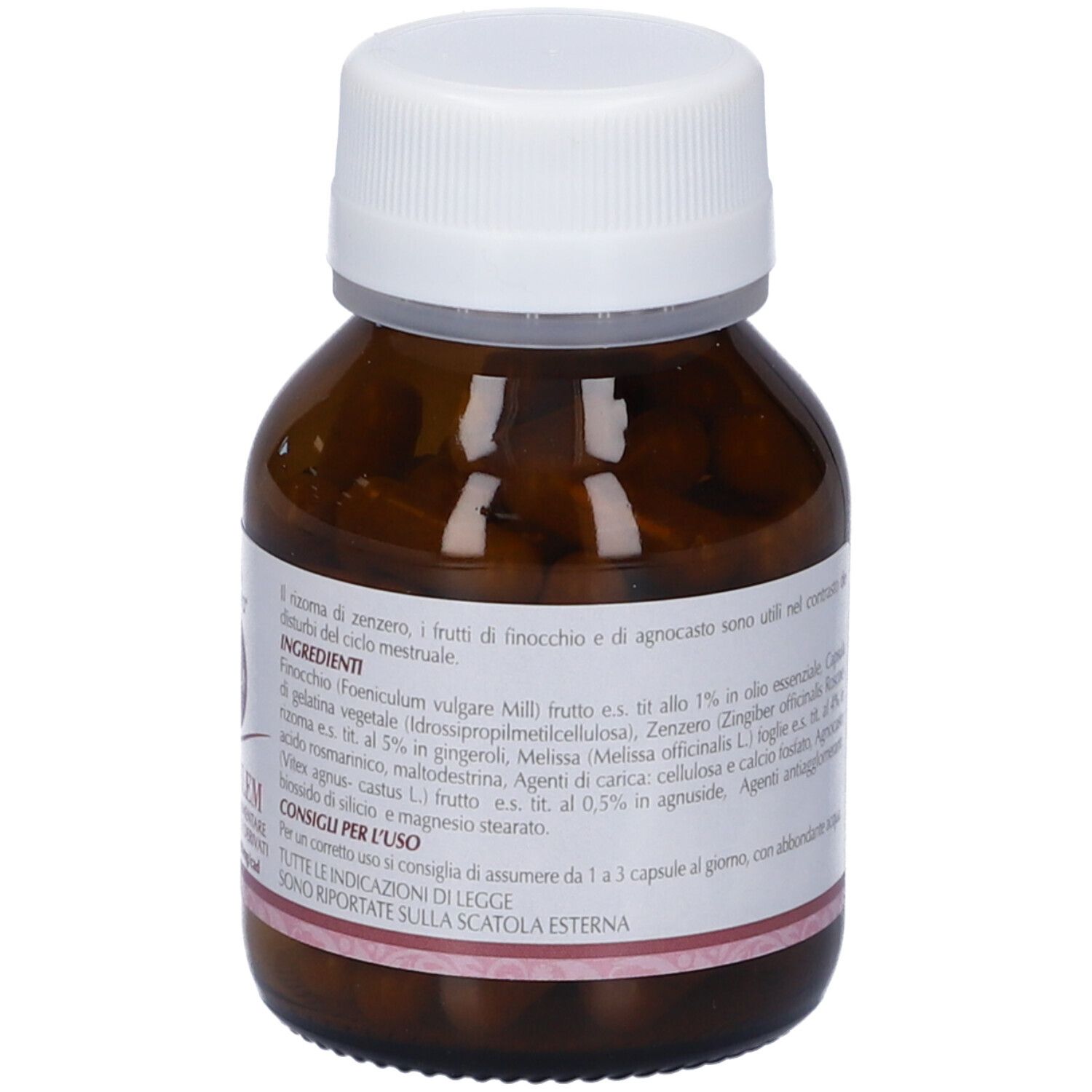 Flacone di vetro marrone con tappo bianco. Capsule visibili all'interno. Etichetta con informazioni e ingredienti.