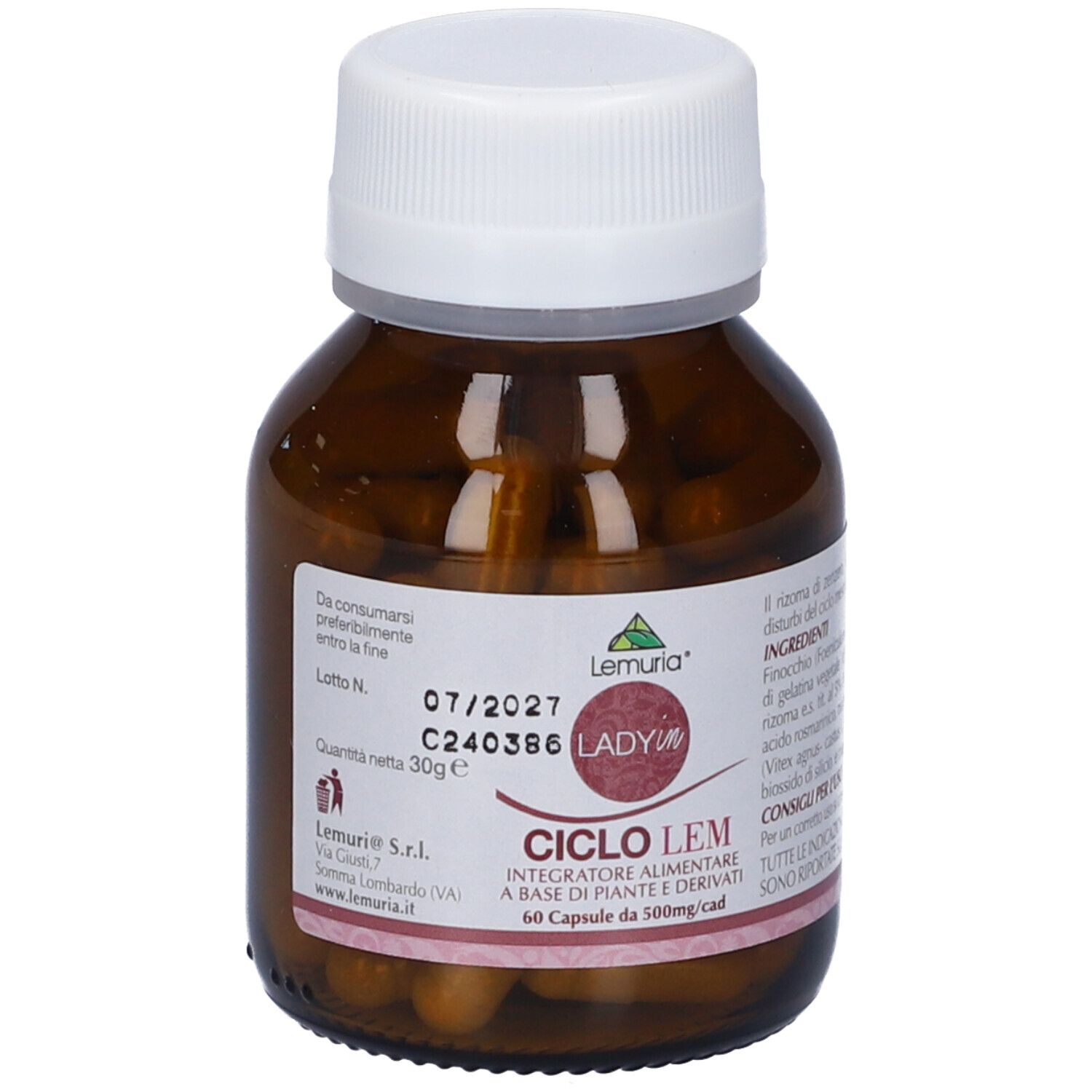 Flacone di vetro marrone con tappo bianco. Etichetta con nome del prodotto, ingredienti e data di scadenza. Capsule visibili.