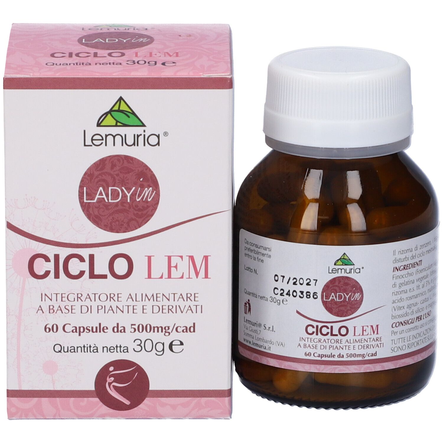 Flacone e confezione affiancati. Flacone con capsule, confezione con nome del prodotto e logo.