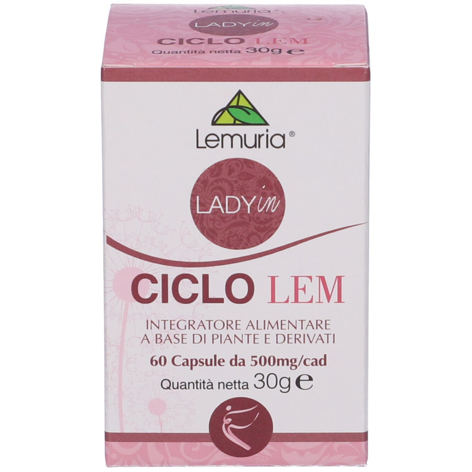 Confezione rosa con nome del prodotto e logo. Contiene 60 capsule. Marchio Lemuria Lady in Ciclolem.
