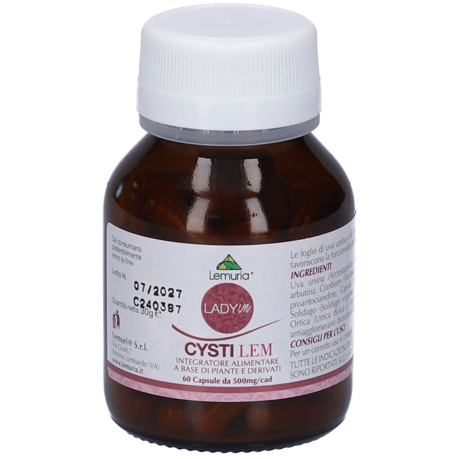 Flacone di vetro marrone con tappo bianco. Scritte: Cystilem, 60 capsule. Marchio: Lemuria. Ingredienti e data di scadenza.