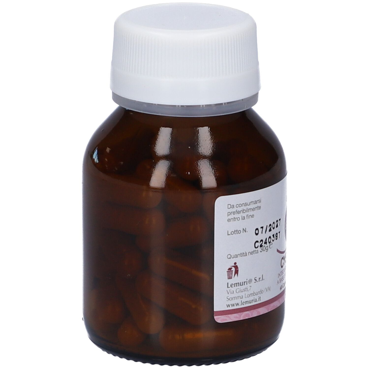 Flacone di vetro marrone con tappo bianco. Capsule visibili. Scritte: Cystilem, 60 capsule. Marchio: Lemuria. Ingredienti.