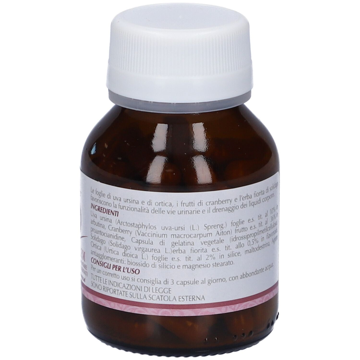 Flacone di vetro marrone con tappo bianco. Capsule visibili. Scritte: Cystilem, 60 capsule. Marchio: Lemuria. Ingredienti.
