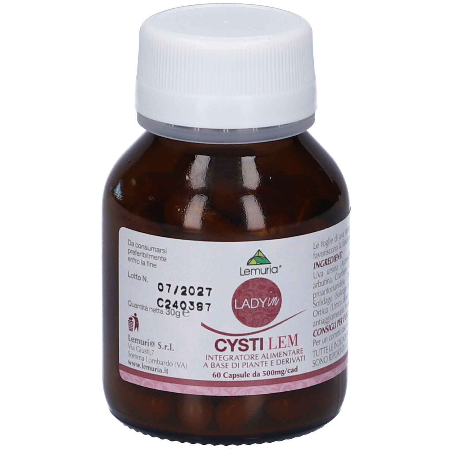 Flacone di vetro marrone con tappo bianco. Capsule visibili. Scritte: Cystilem, 60 capsule. Marchio: Lemuria. Ingredienti.