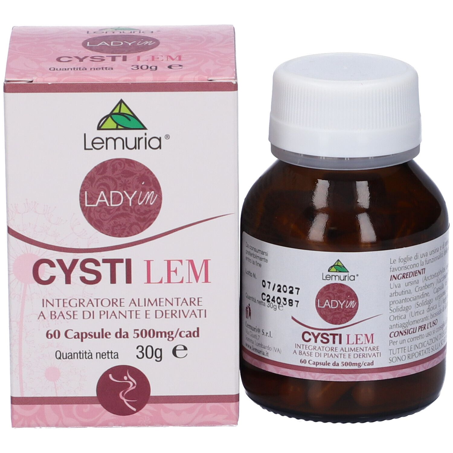 Confezione e flacone. Scritte: Cystilem, 60 capsule. Marchio: Lemuria. Ingredienti e data di scadenza.