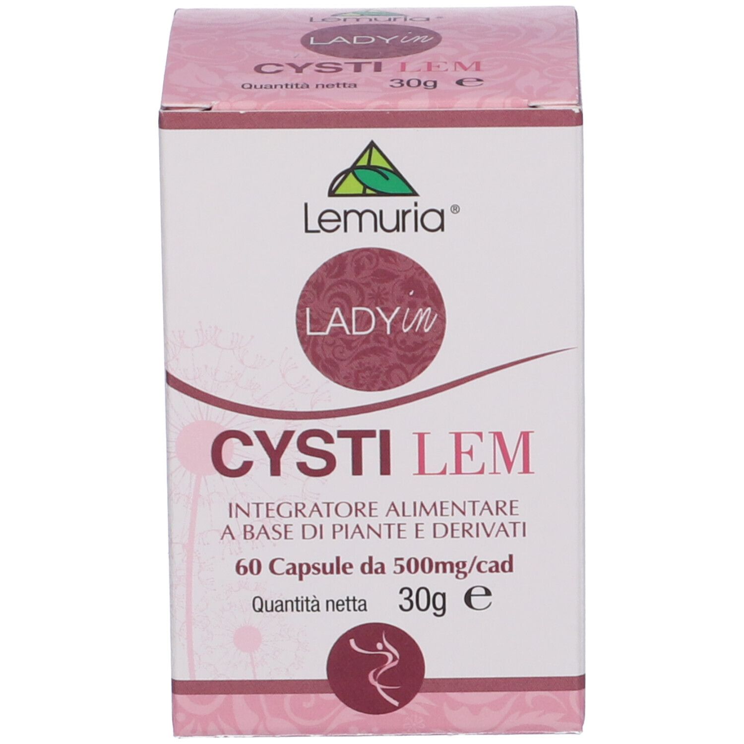 Confezione del prodotto. Scritte: Cystilem, 60 capsule. Marchio: Lemuria. Ingredienti e istruzioni per l'uso.