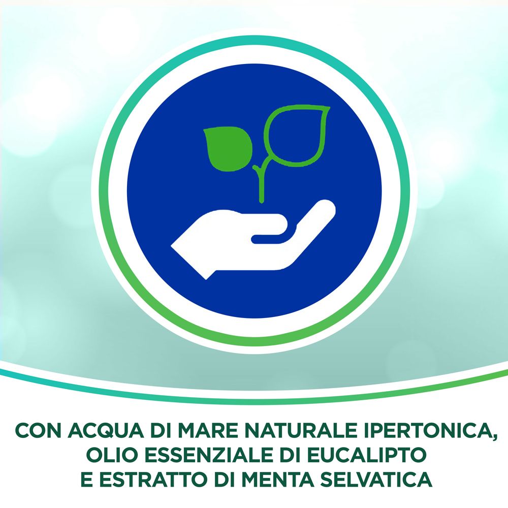 Logo circolare con mano che tiene foglie. Testo: CON ACQUA DI MARE NATURALE... (Con acqua di mare naturale...).