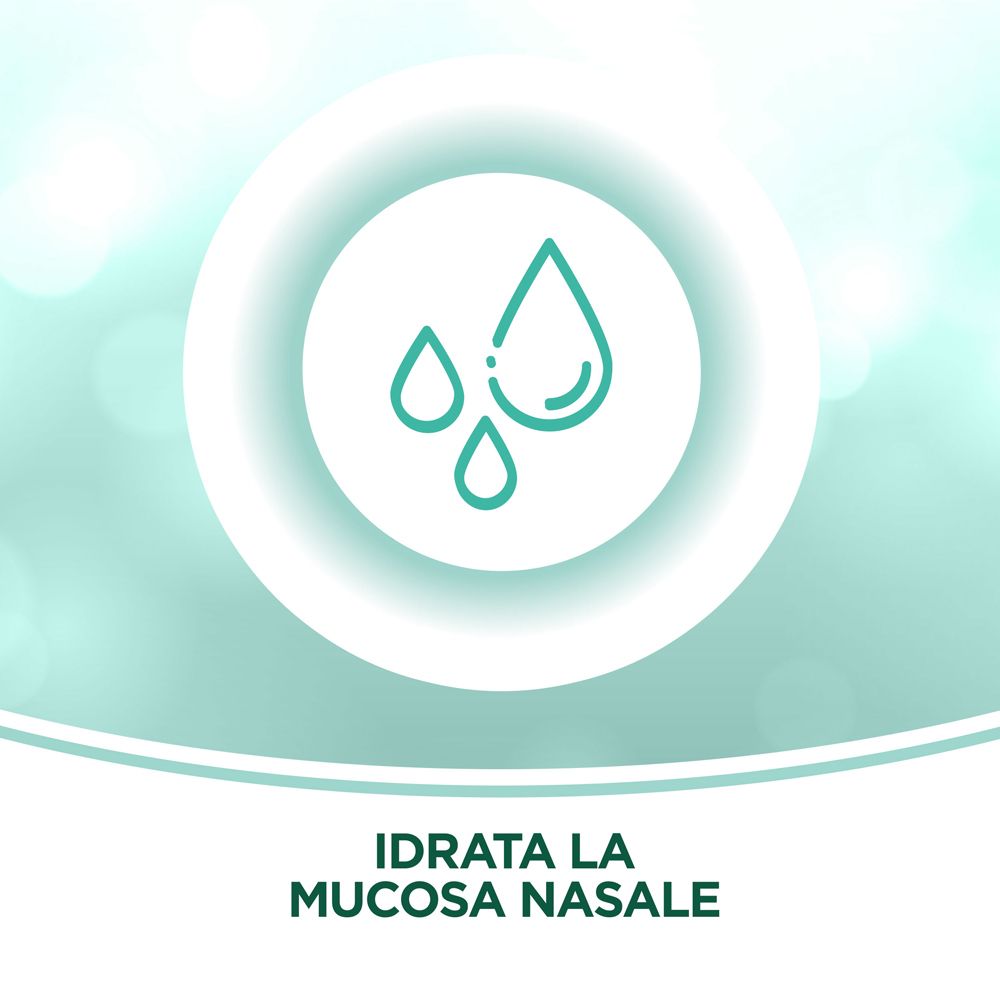 Logo circolare con simboli di gocce d'acqua. Testo: IDRATA LA MUCOSA NASALE (Idrata la mucosa nasale).