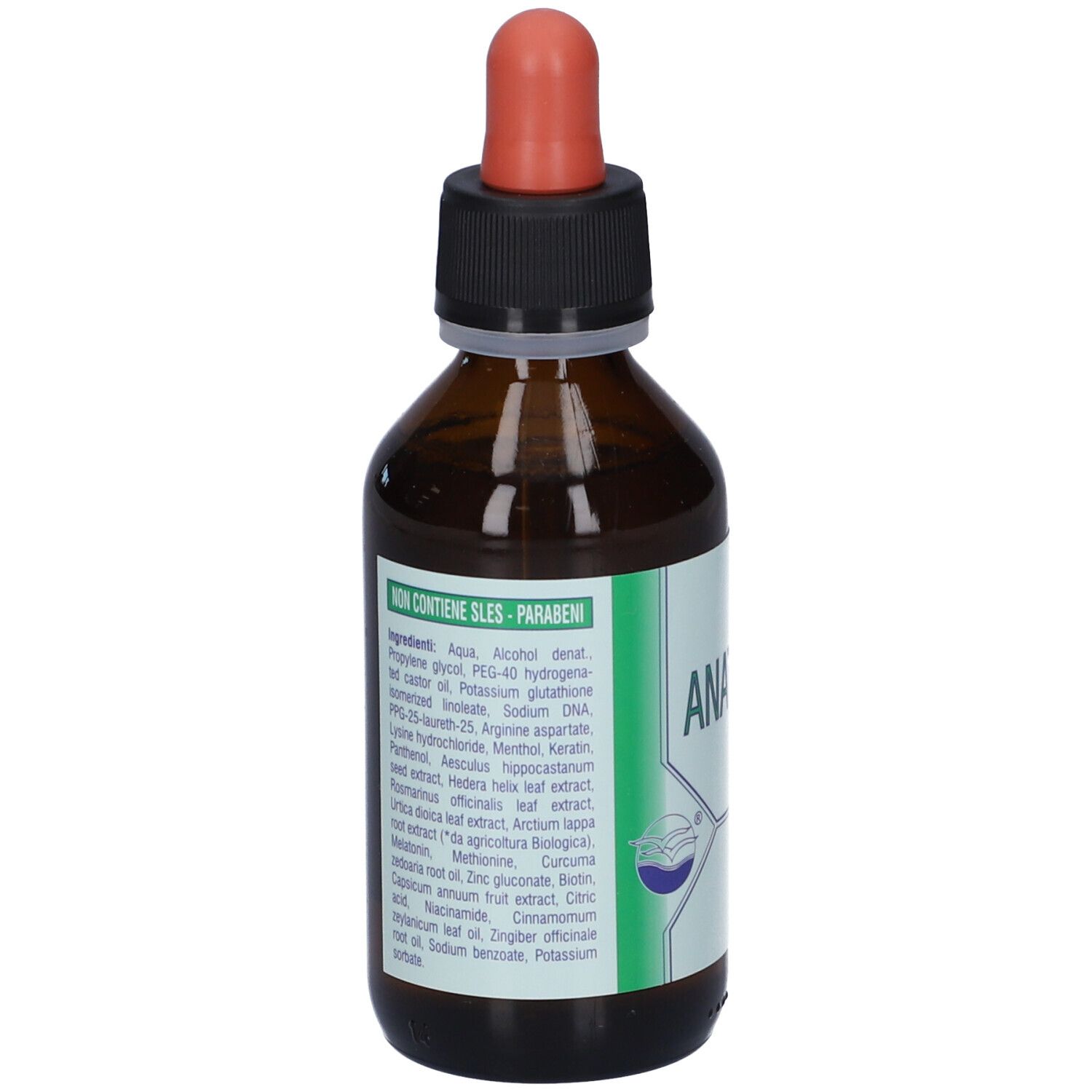 Retro del flacone marrone. Scritta: Ingredienti, senza SLES-Parabeni. Testo in italiano.