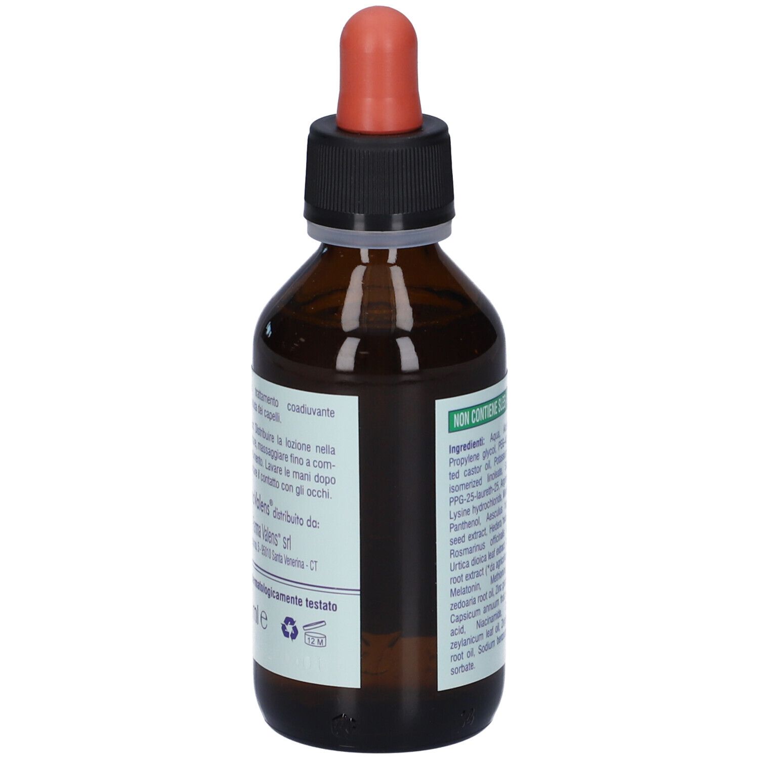 Retro del flacone marrone. Testo in italiano. Scritta: Non contiene SLES-Parabeni.