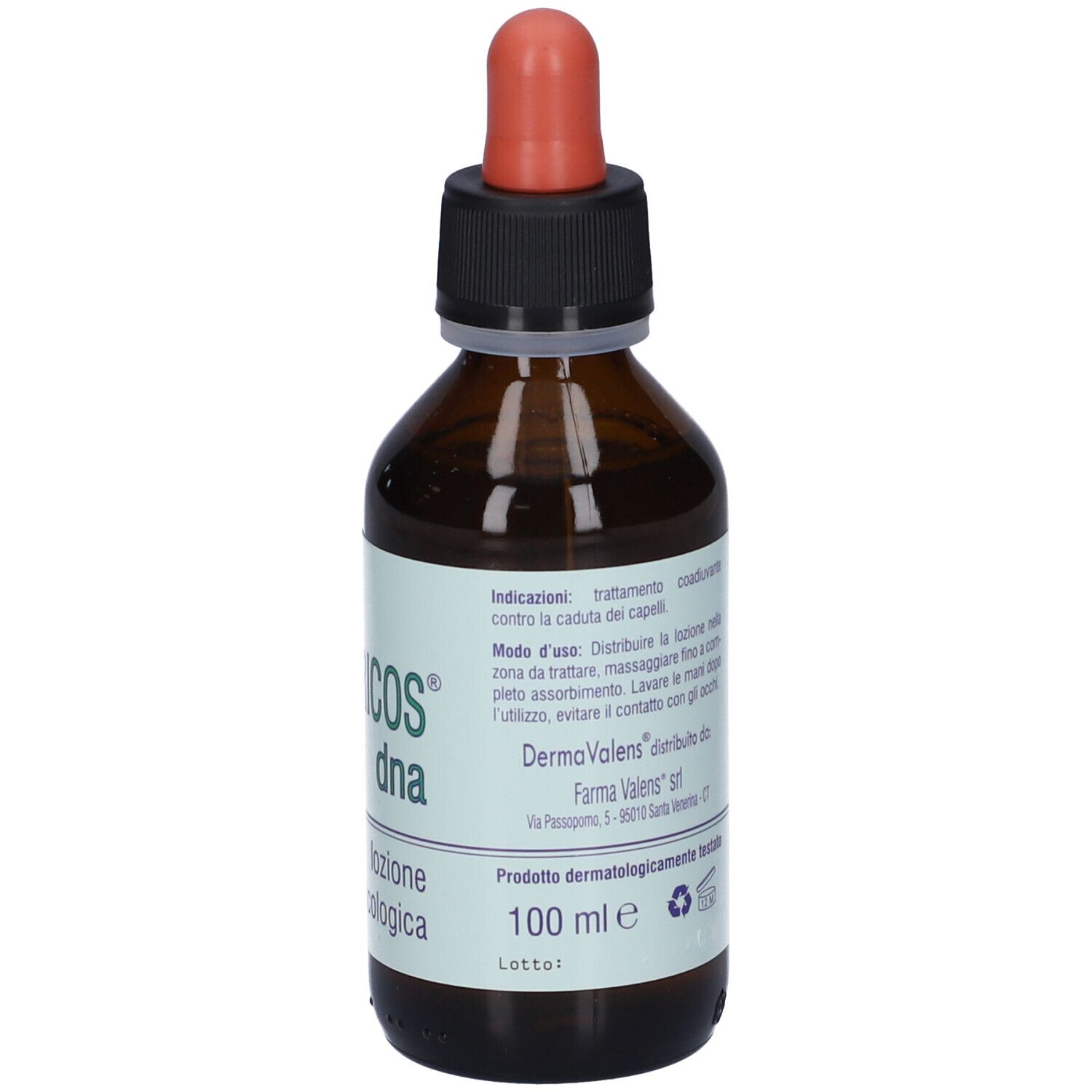 Flacone marrone con tappo nero e pipetta rossa. Scritta: 100 ml, lozione tricologica.