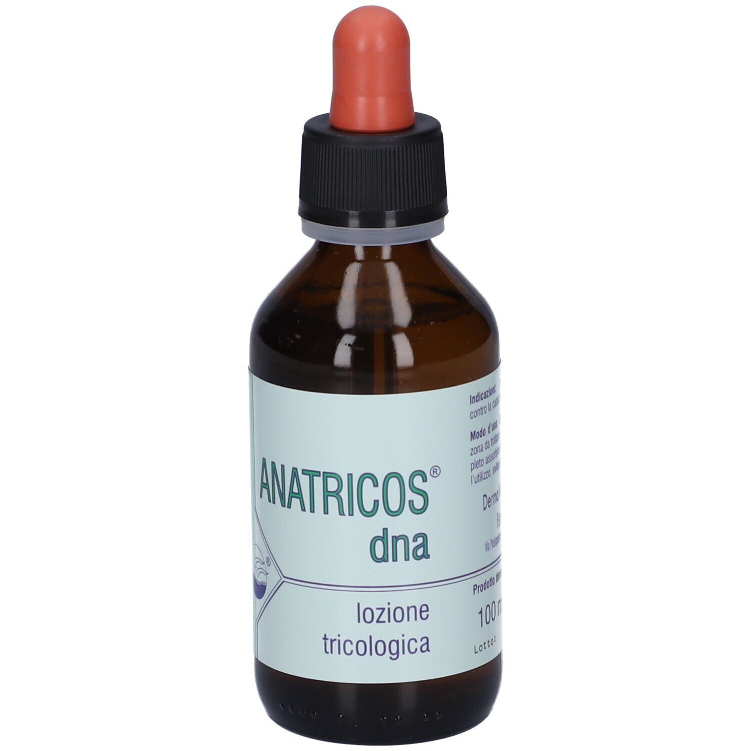 Flacone marrone con tappo nero e pipetta rossa. Scritta: Anatricos dna lozione tricologica.