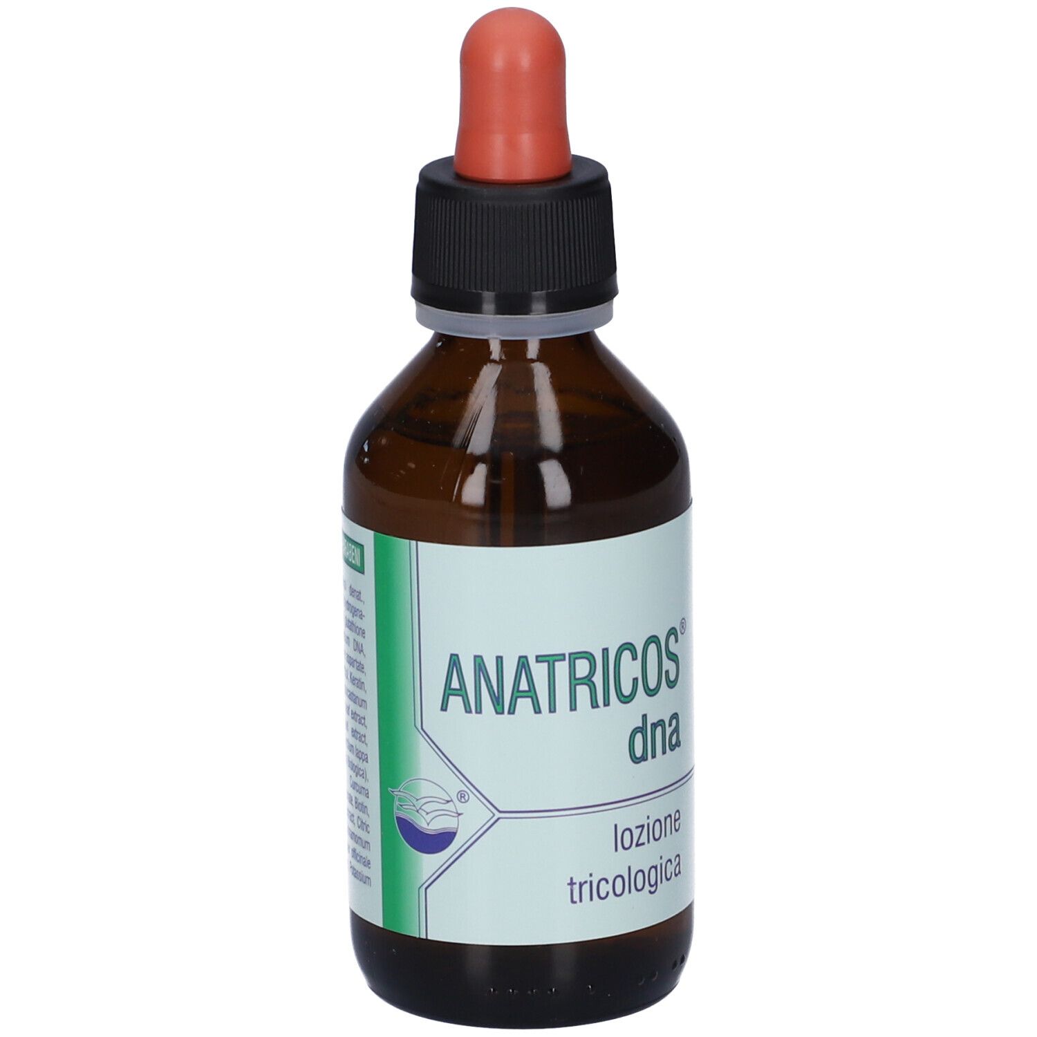Flacone marrone con tappo nero e pipetta rossa. Scritta: Anatricos dna lozione tricologica.