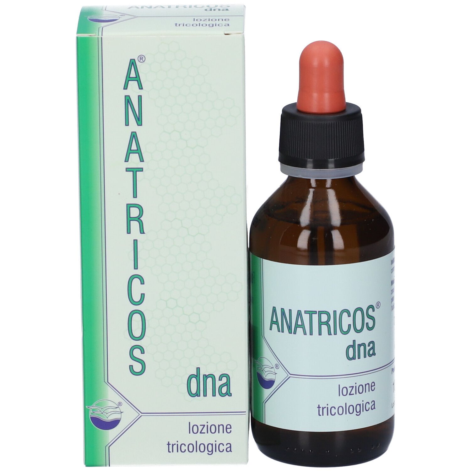 Flacone e scatola del prodotto. Scritta: Anatricos dna lozione tricologica. Scatola bianca.