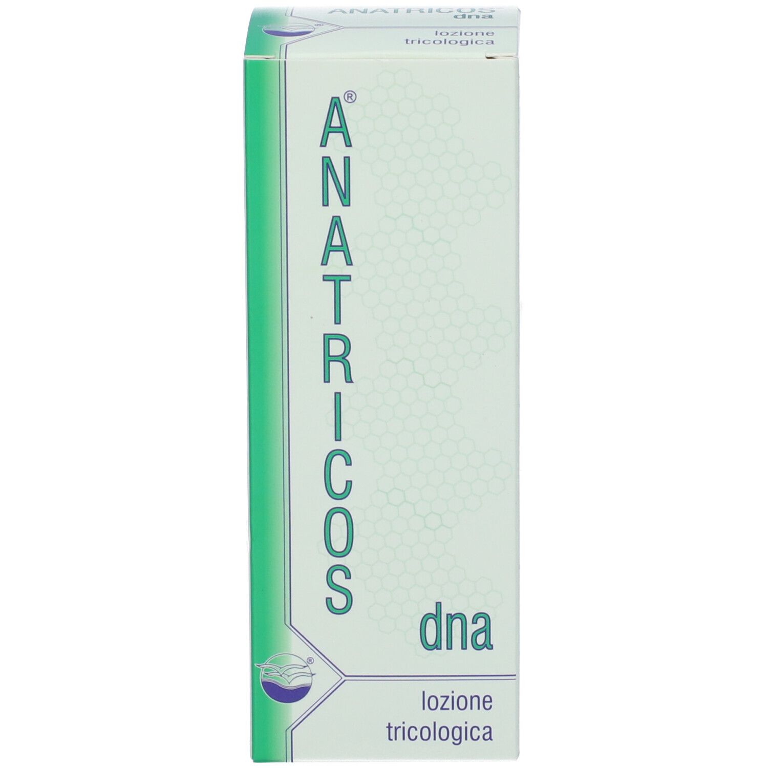Scatola bianca con accenti verdi. Scritta: Anatricos dna lozione tricologica.