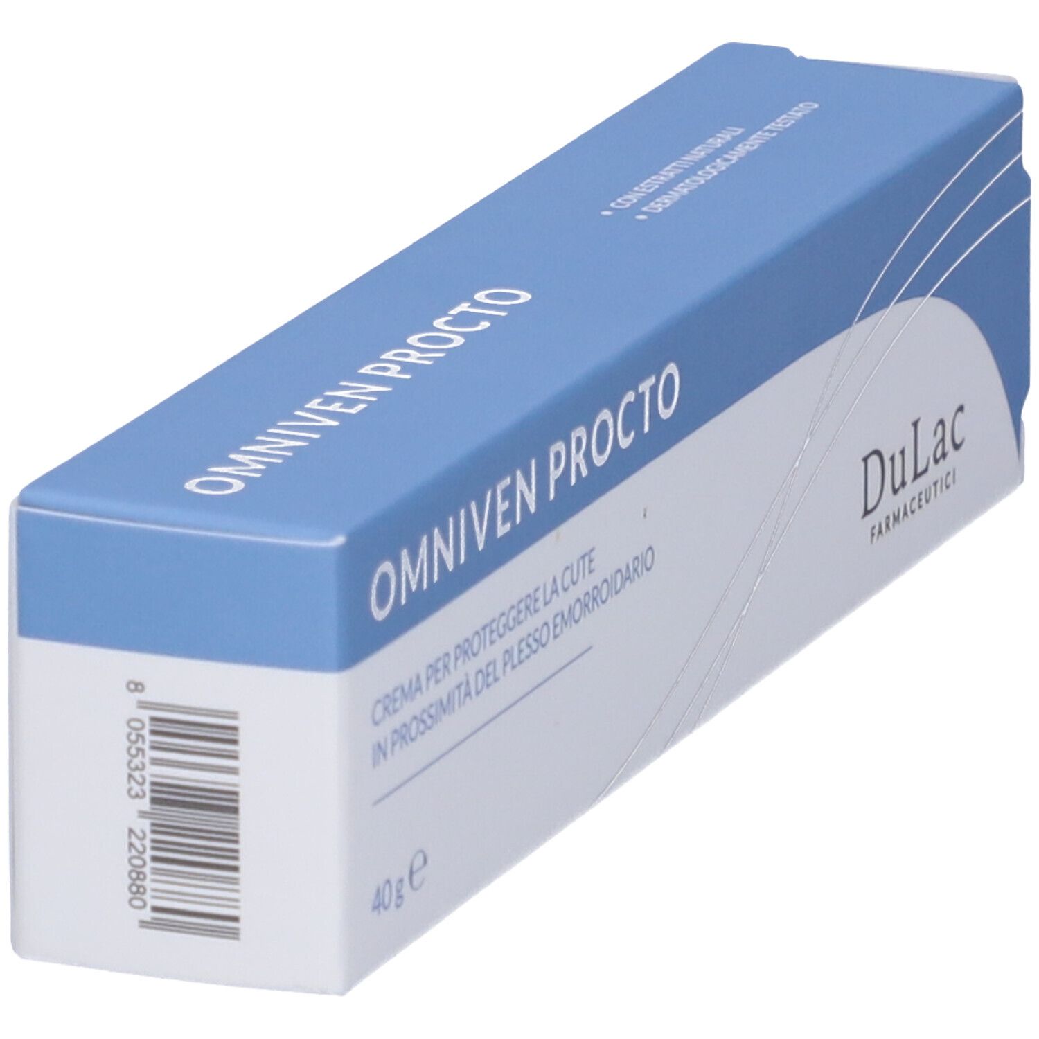 Scatola OMNIVEN PROCTO, confezione blu e bianca. Marchio DuLac. Testo: Crema per proteggere la cute in prossimità del plesso emorroidario.