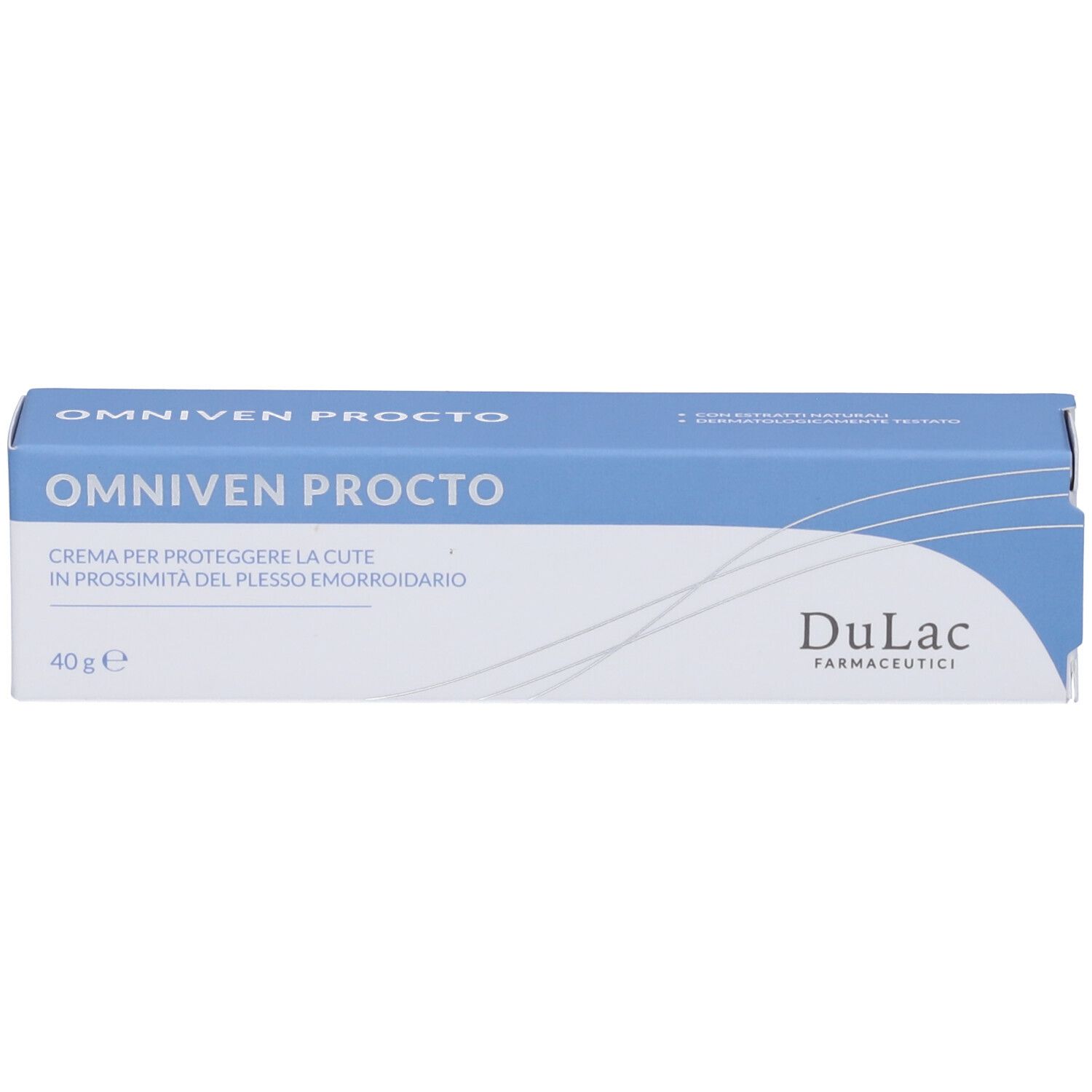 Scatola OMNIVEN PROCTO, confezione blu e bianca. Marchio DuLac. Testo: Crema per proteggere la cute in prossimità del plesso emorroidario.