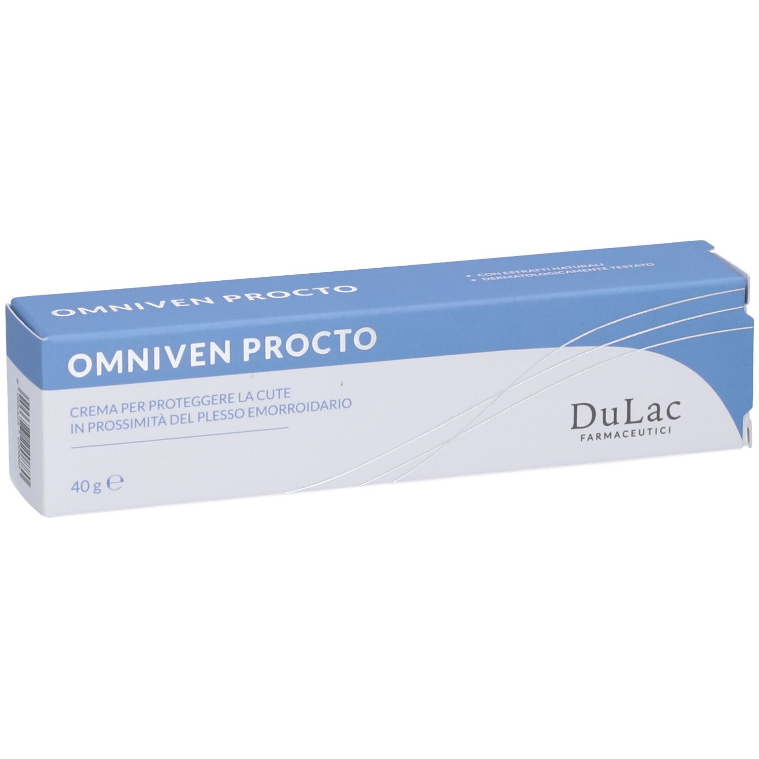 Scatola OMNIVEN PROCTO, confezione blu e bianca. Marchio DuLac. Testo: Crema per proteggere la cute in prossimità del plesso emorroidario.